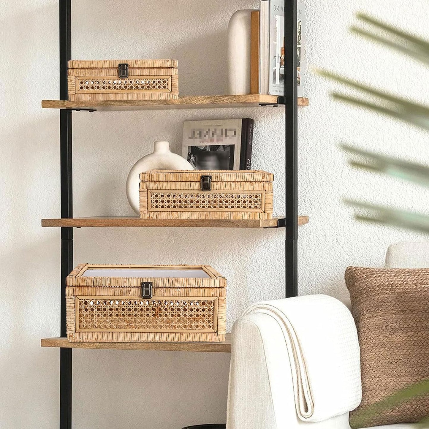 Clear Lid Rattan and Wood Display Boxes Handcrafted Shelf / 14 x 10 x 5.7 / Large / Natural Color