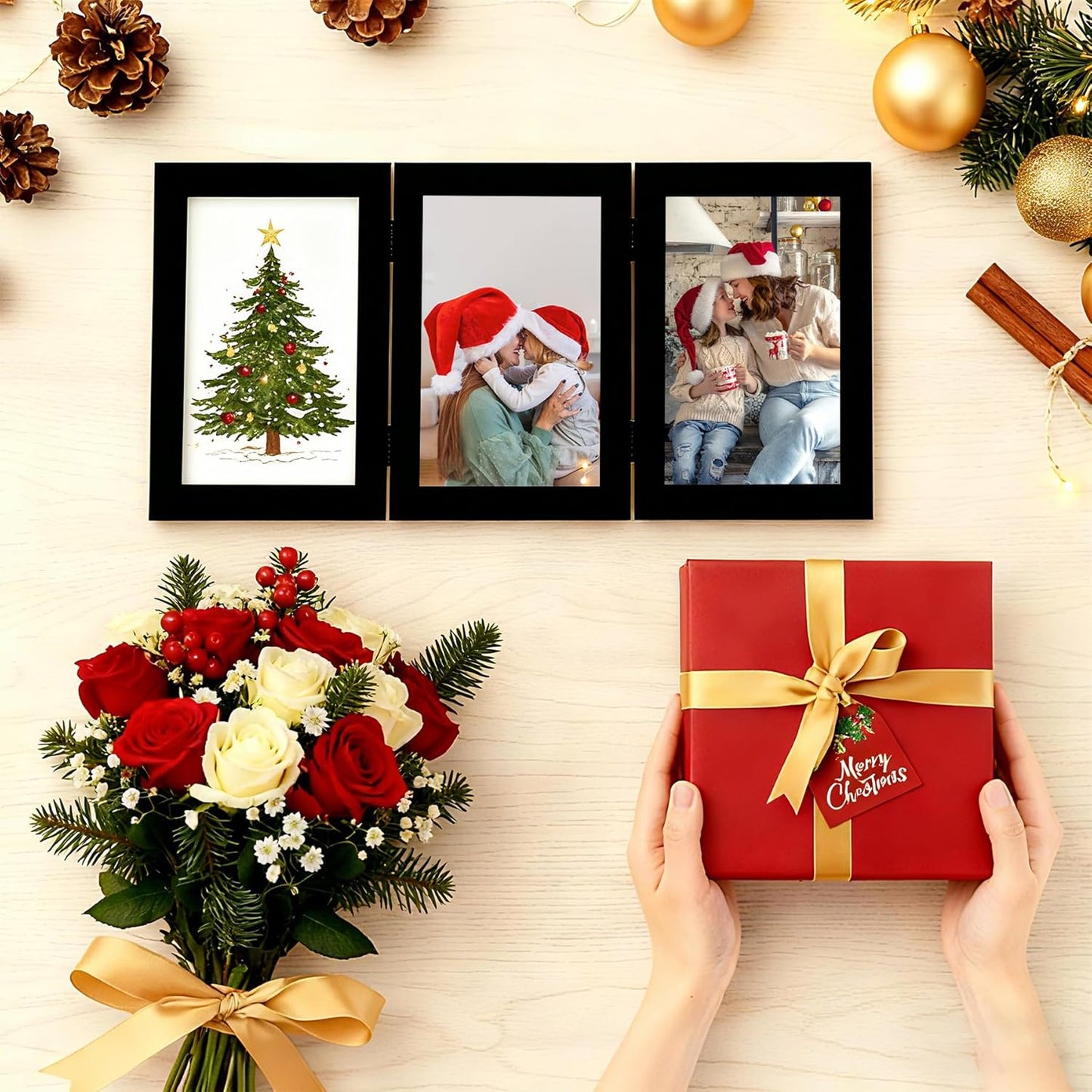 decorUhome Gold Triple 8x10 Picture Frame Vertical, MDGD08 | "Z" Shape Folding Design Engineered Wood Trifold Photo