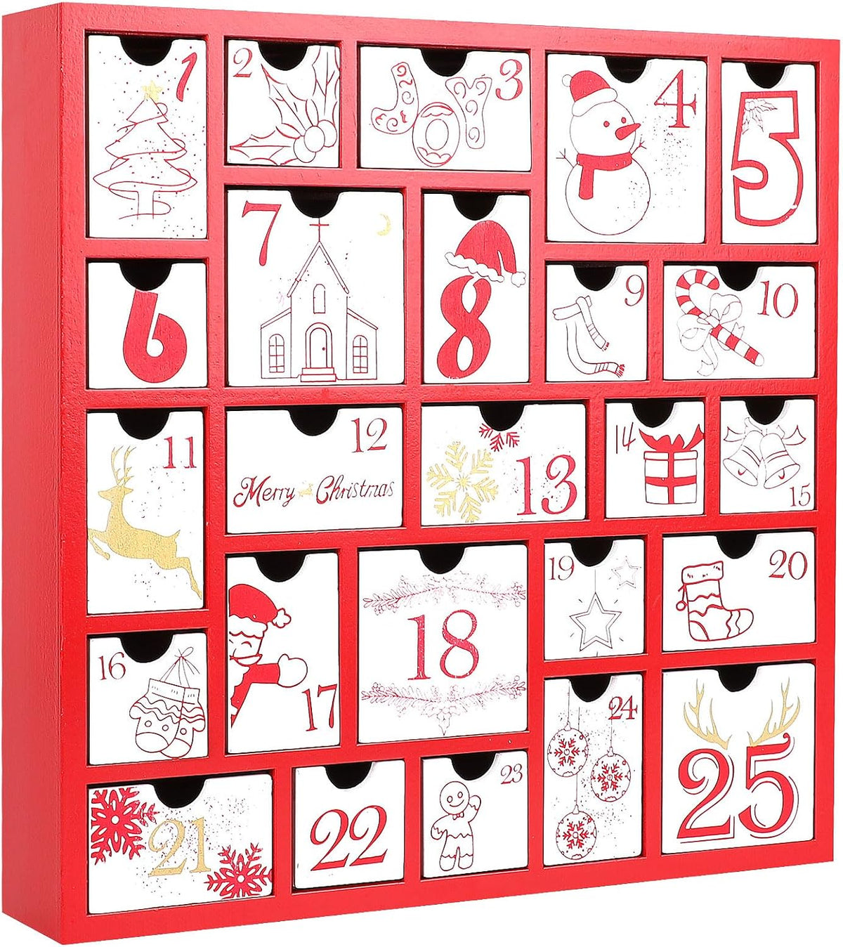 CCINEE Christmas Wooden Advent Calendar with 25 Large Drawers, Countdown to Christmas Decoration Large Size Xmas Countdown Calendar 2024 Hand Painted Refillable Advent for Holiday Decoration(Red)