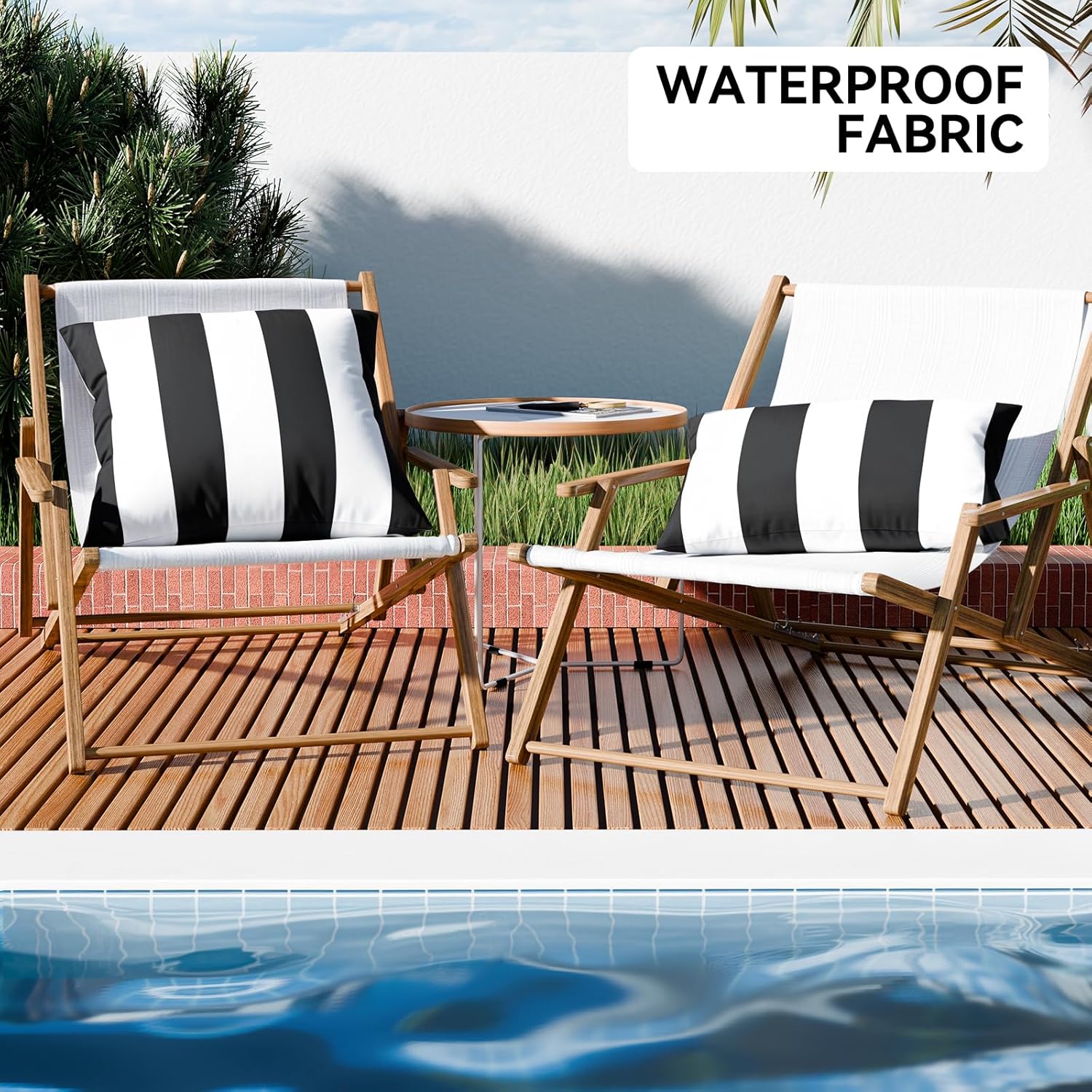 Decorative Outdoor Waterproof Striped Throw Pillow Covers / Black and White / 18 x 18 / Set of 2