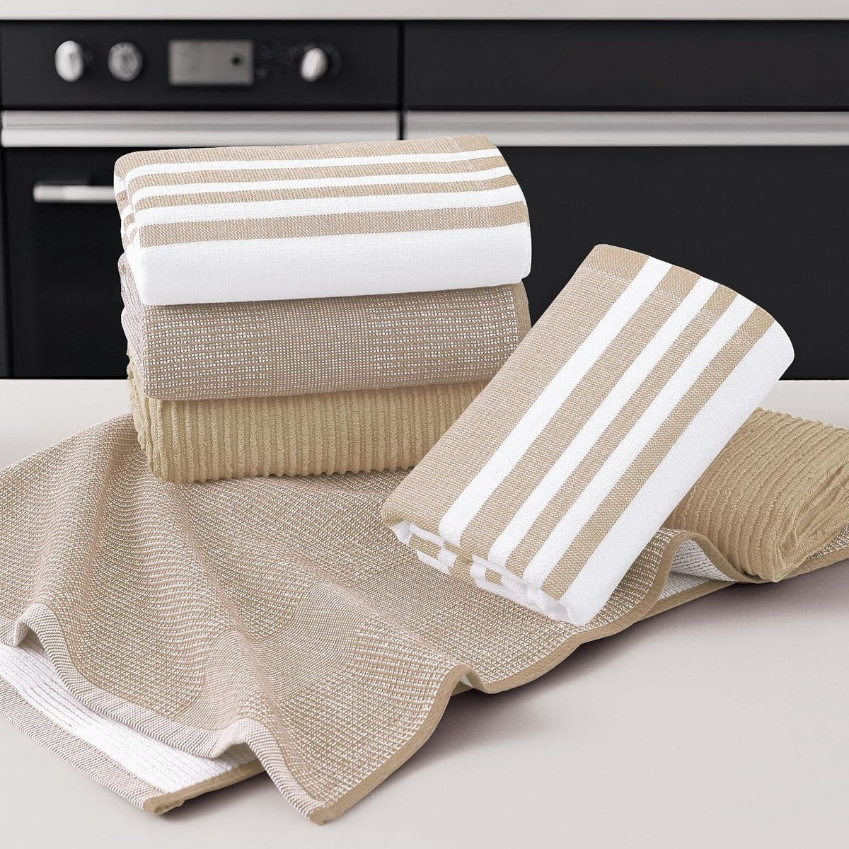 Homaxy Cotton 380 GSM Premium Kitchen Towels, 18"x 28", 9 Pack, Khaki | Soft and Absorbent Terry Dish Towels