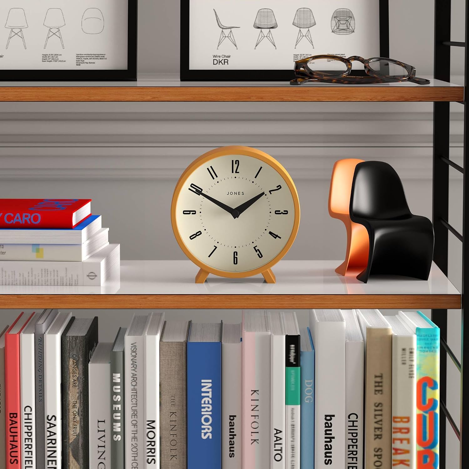 JONES CLOCKS® Venus Desk Clock | Modern Round Design | Mustard Yellow | Stylish Retro Look for Shelf, Table, Mantel or
