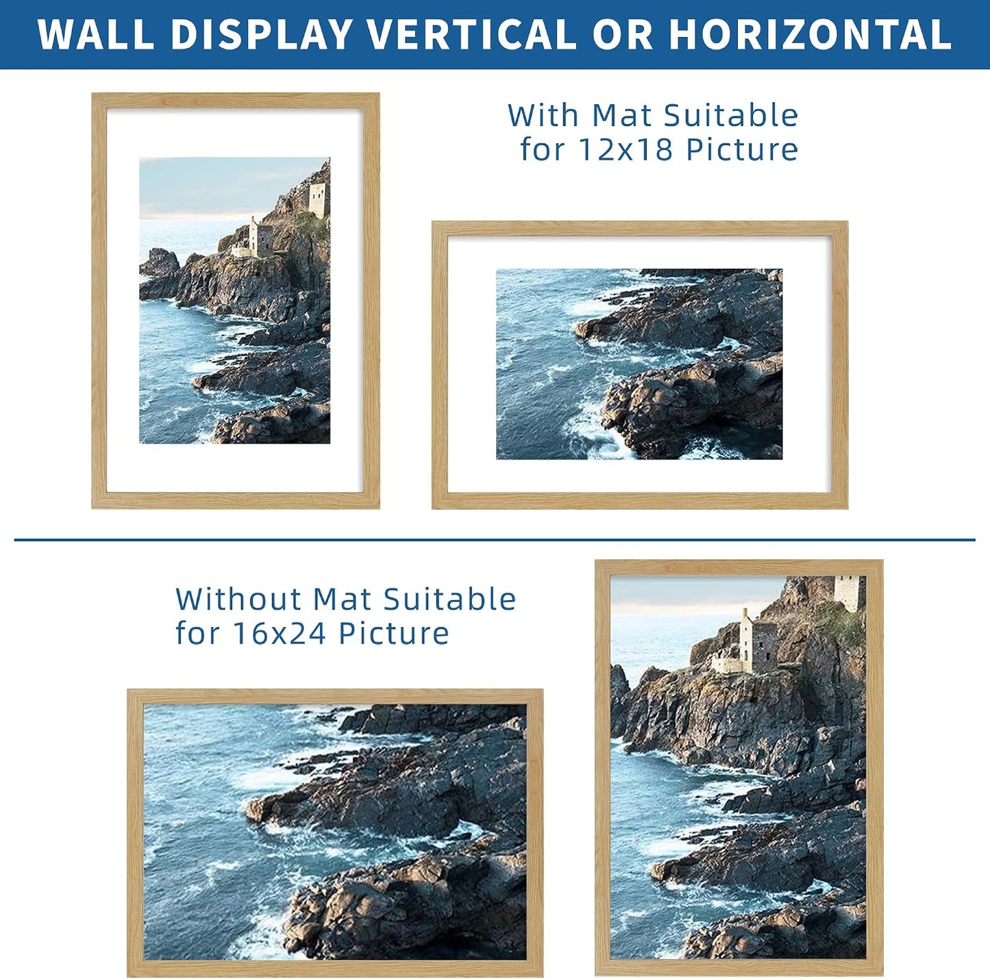 Hongkee 16x24 Frame Set of 2, Natural Oak Wood Style - Display 16 x 24 Picture without Mat or 12x18 Picture with Mat