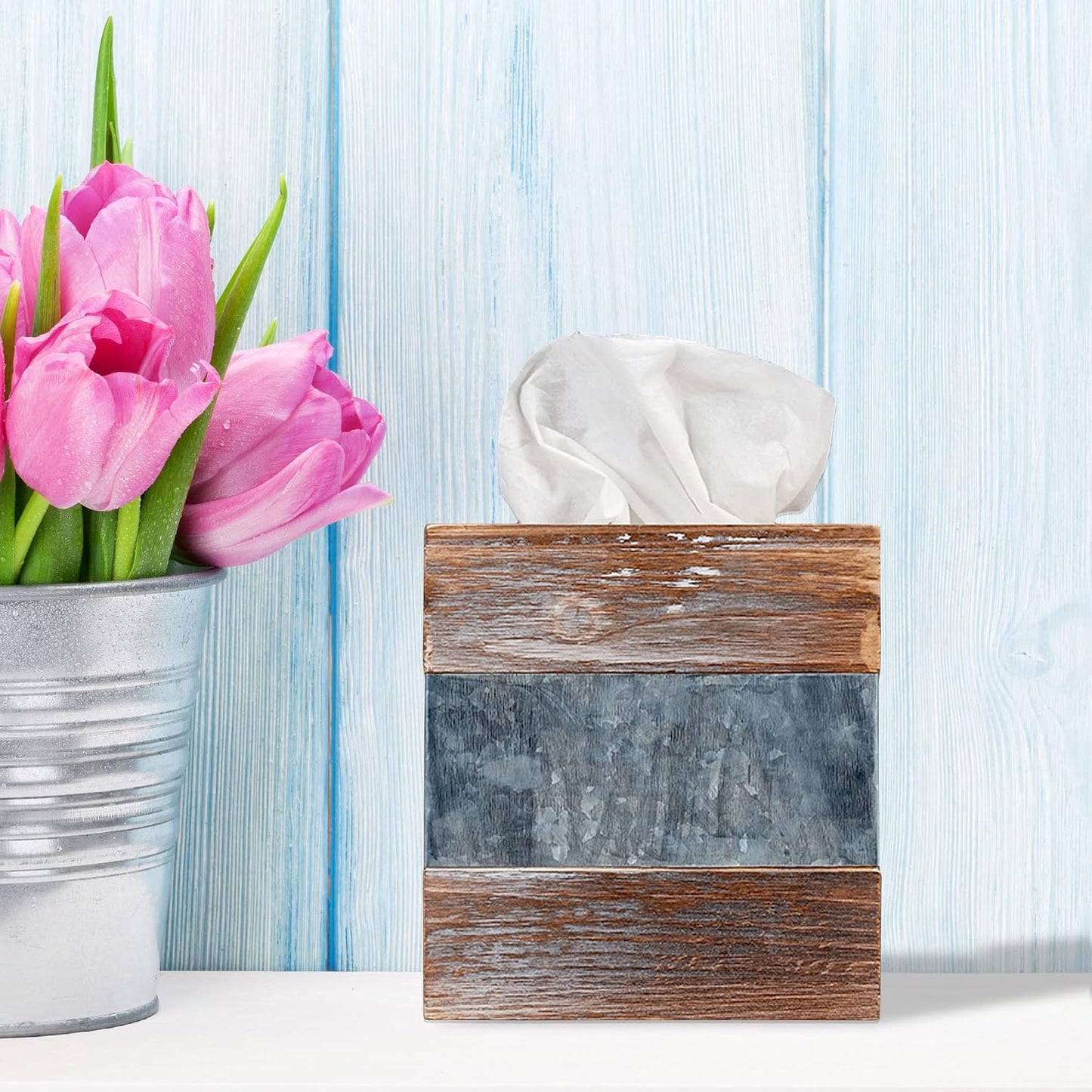 Rustic Metal and Distressed Wood Square Tissue Box Cover