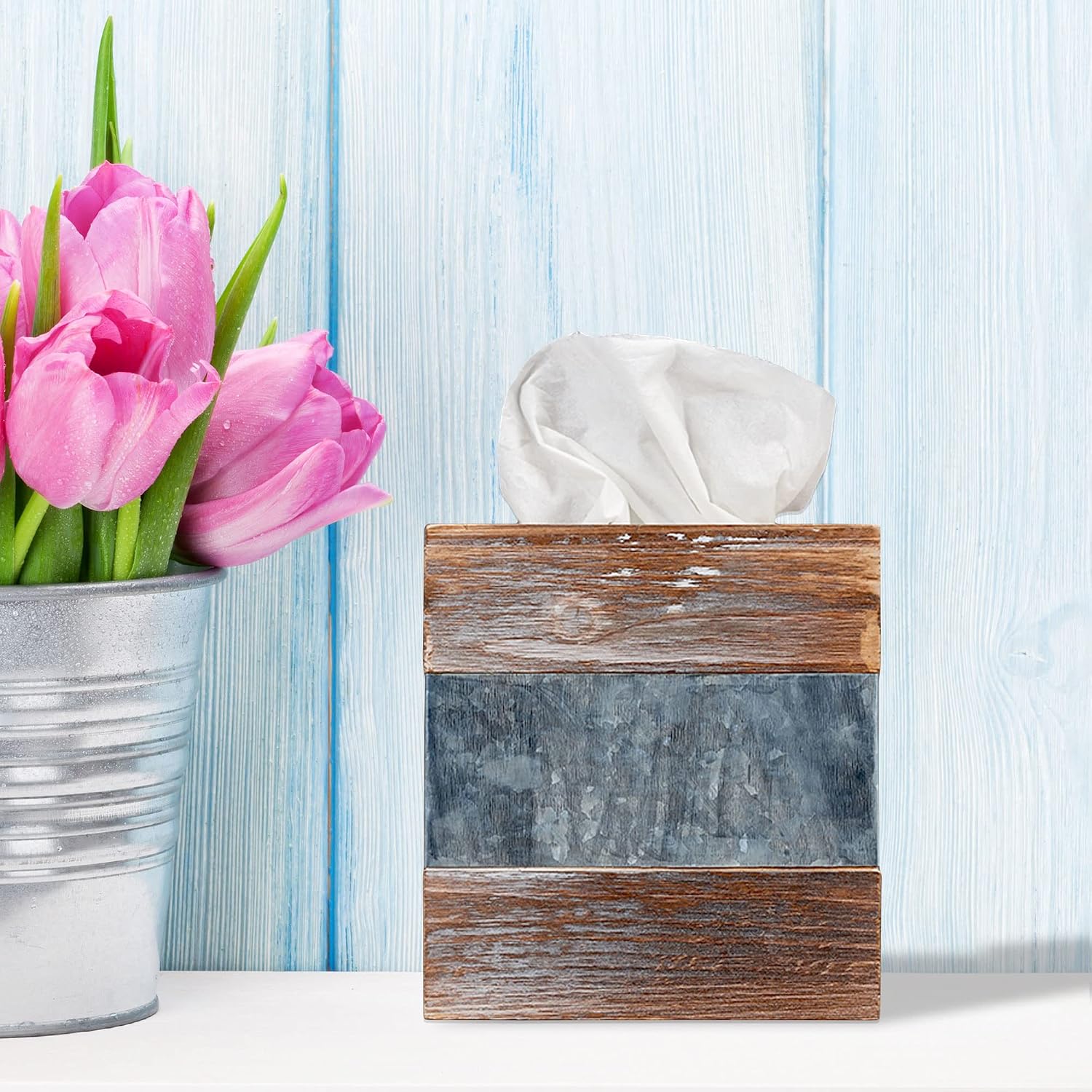 Rustic Metal and Distressed Wood Square Tissue Box Cover