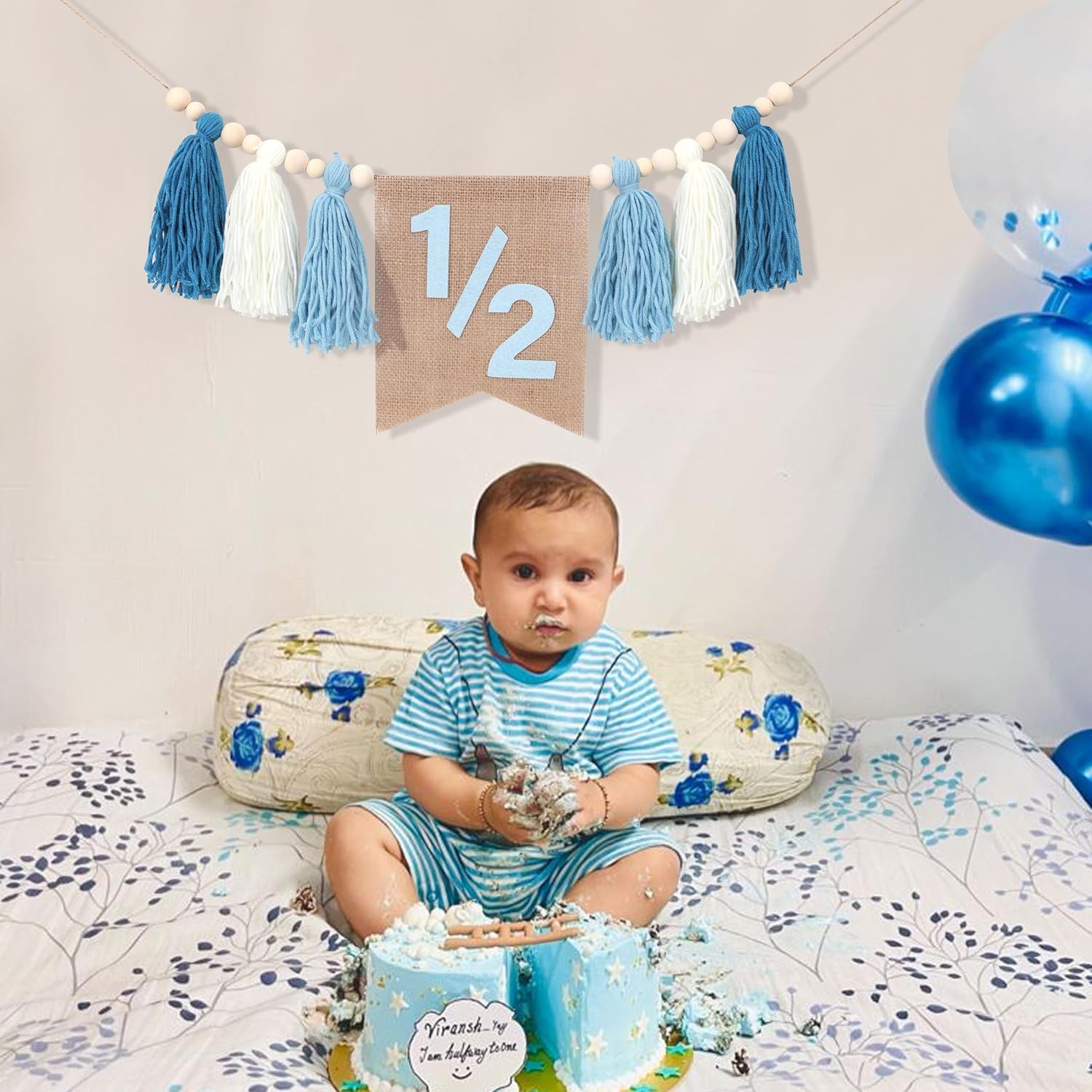 Pink Tassel Wood Bead Highchair / 1/2 Blue Banner