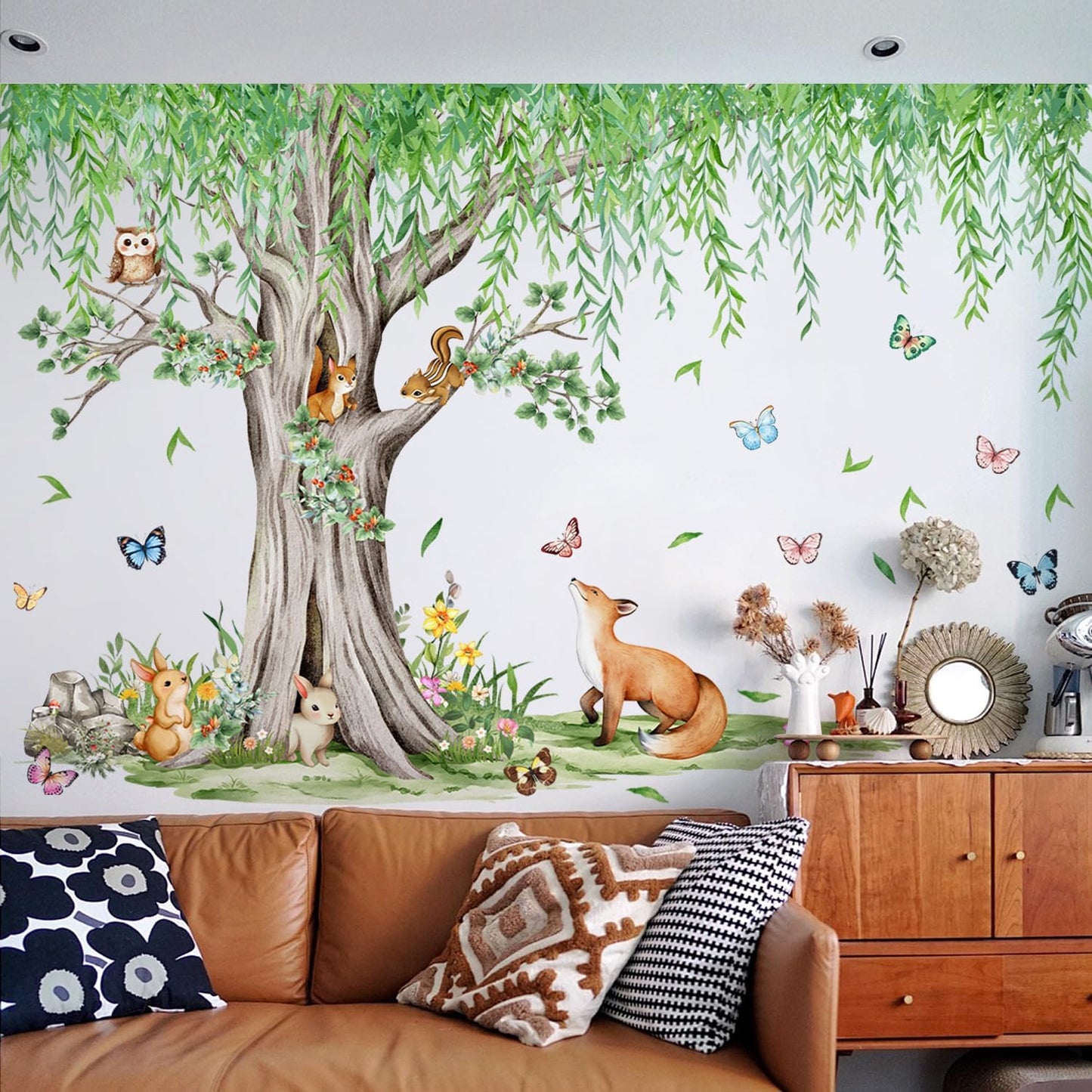 Hanging Leaves Vine Wall Sticker Cartoon Animals Wall Decal Peel / Green