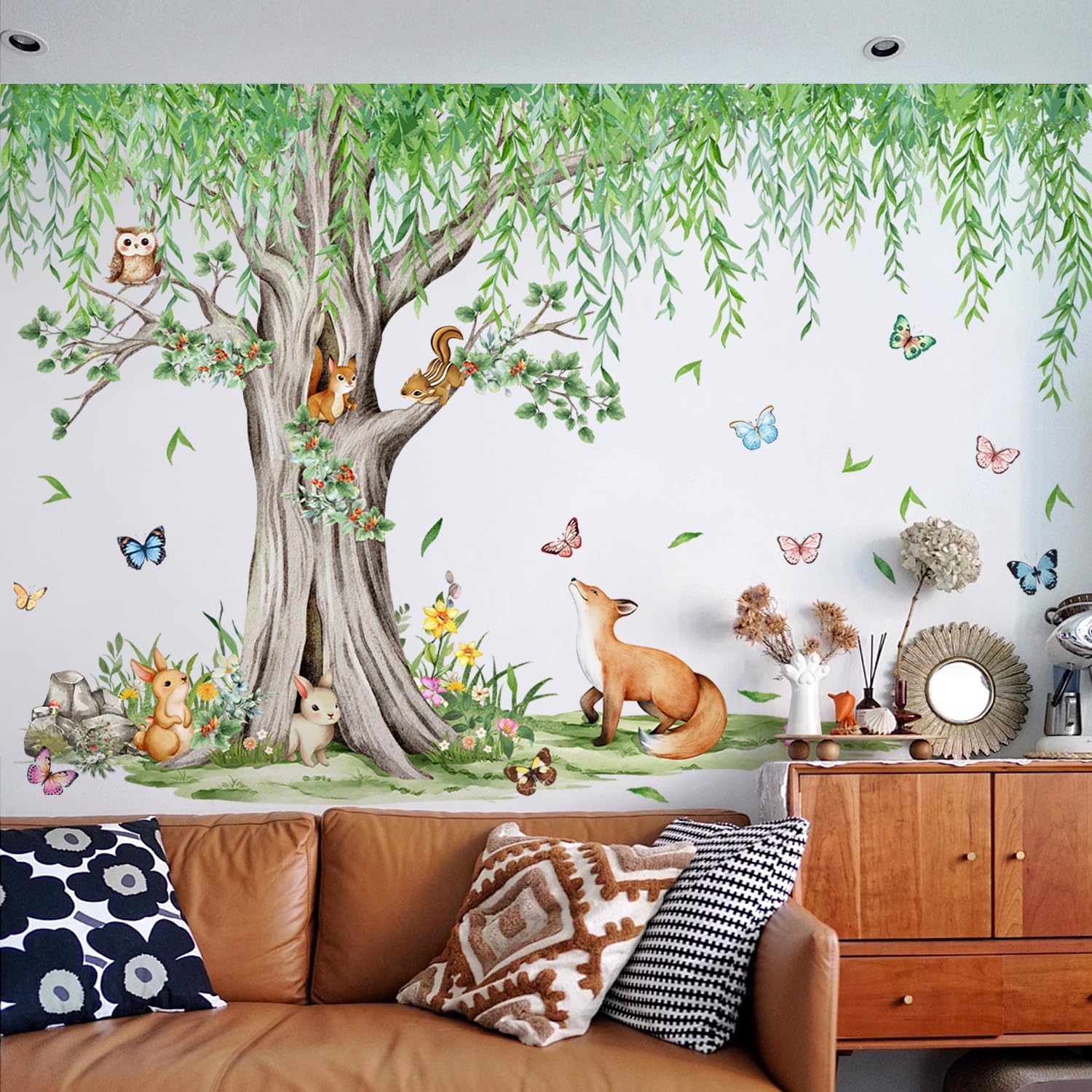 Hanging Leaves Vine Wall Sticker Cartoon Animals Wall Decal Peel / Green