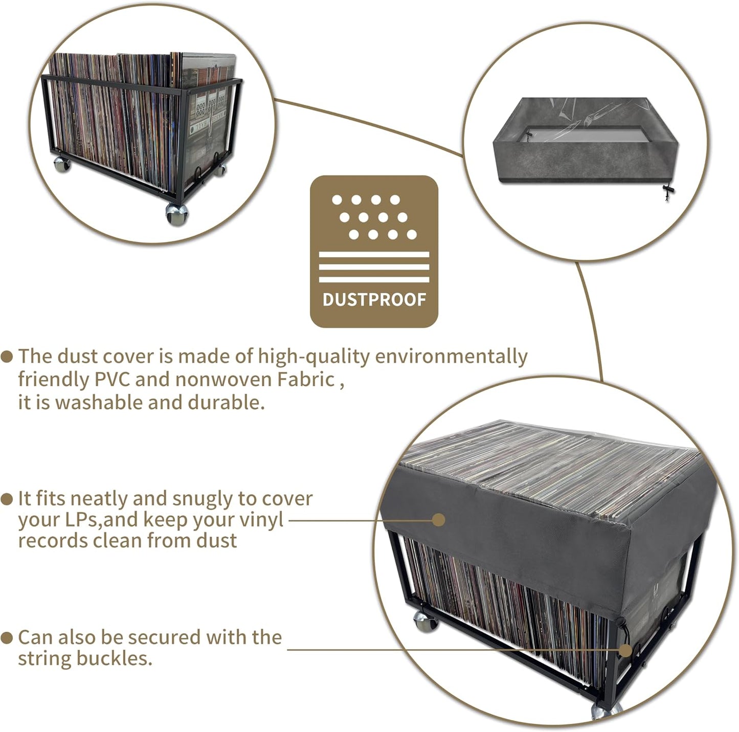 OrigoDeco Vinyl Record Storage Holder on Wheels - With Dust Cover - Holds up to 100 LP - Album Holder Display Stand