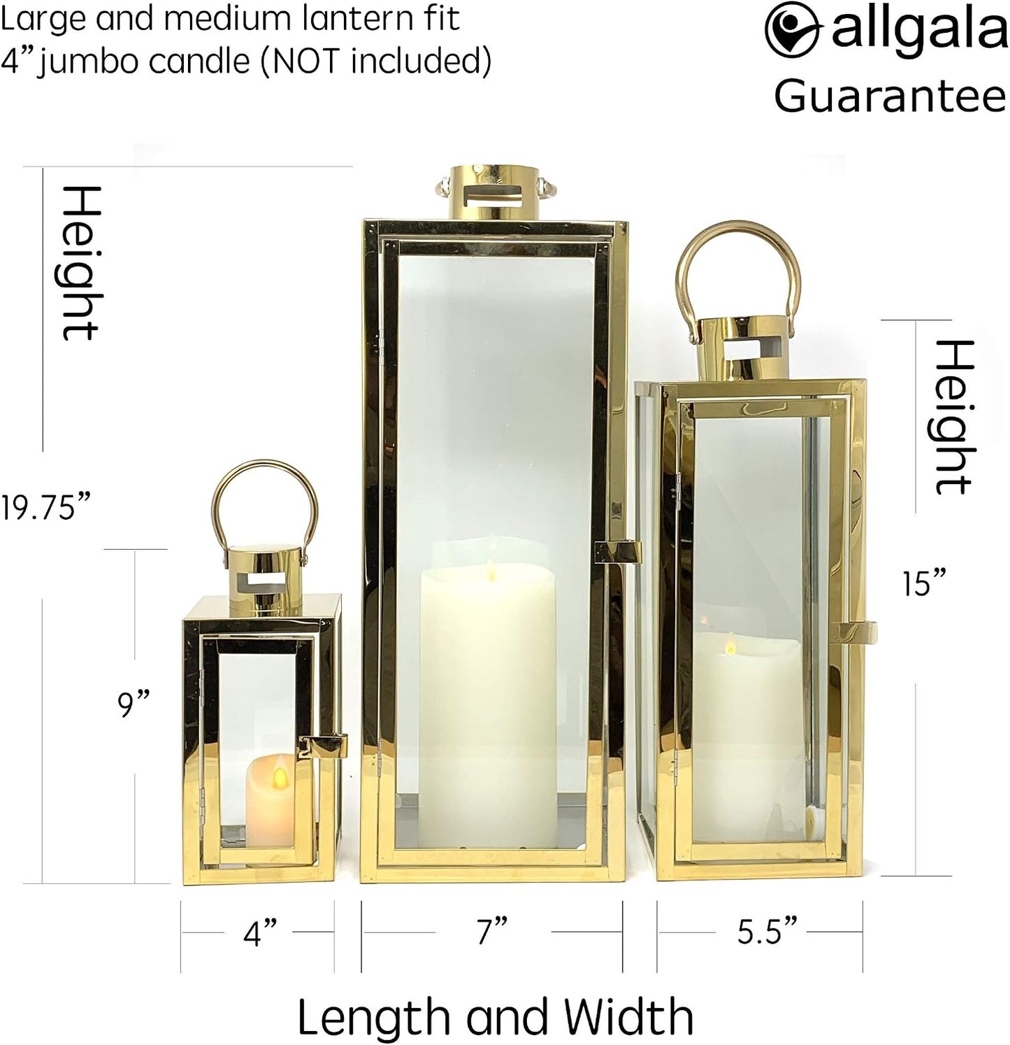 Allgala 3-PC Lantern Set 23 Inch Jumbo Deluxe Modern Indoor/Outdoor Candle Lantern Set Stainless Steel Frame Tempered