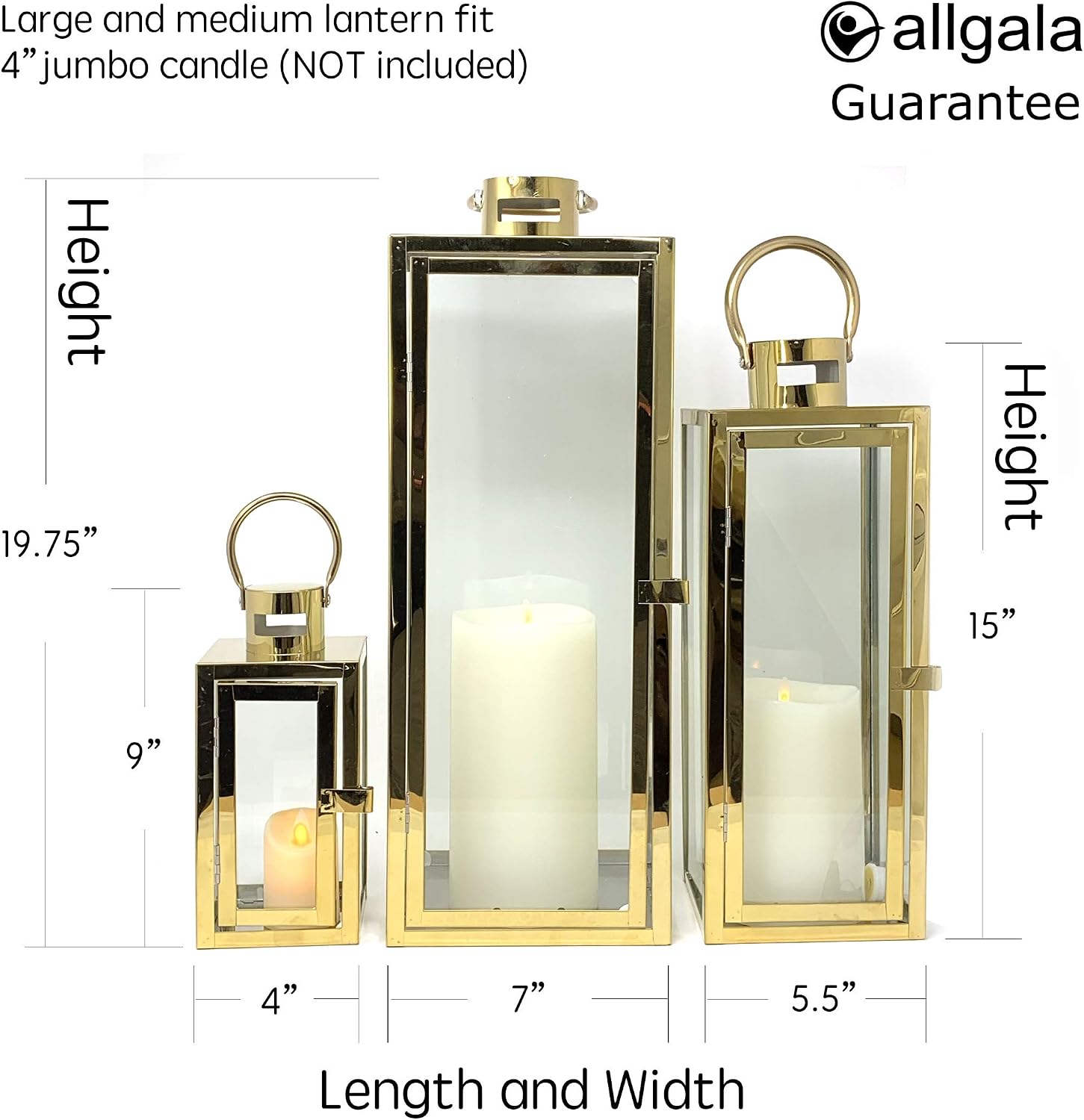 Allgala 3-PC Lantern Set 23 Inch Jumbo Deluxe Modern Indoor/Outdoor Candle Lantern Set Stainless Steel Frame Tempered