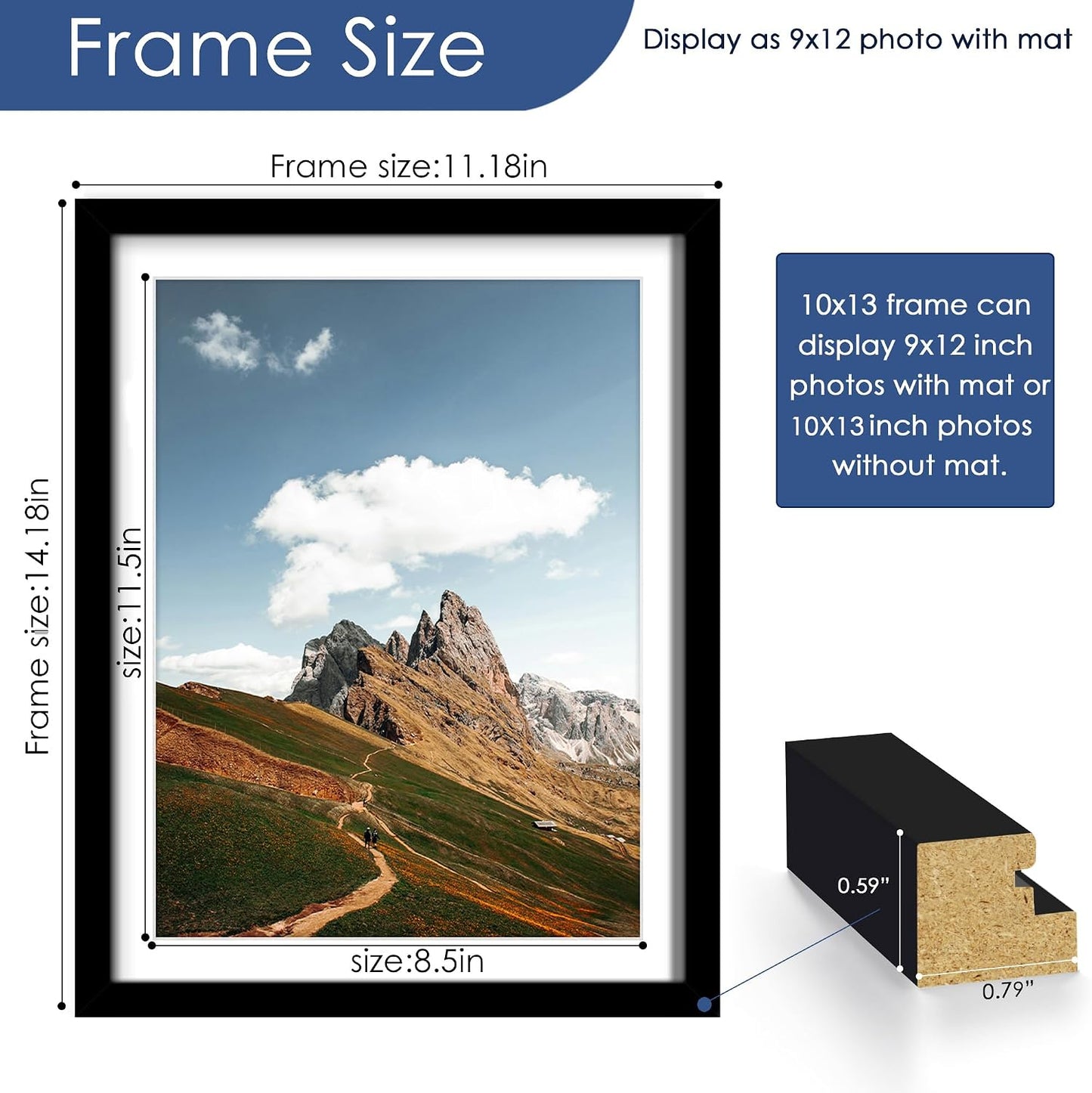 10x13 Picture Frame Set of 6, Wall or Tabletop Display, Black | Display Pictures 9x12 with Mat or 10x13 Without Mat