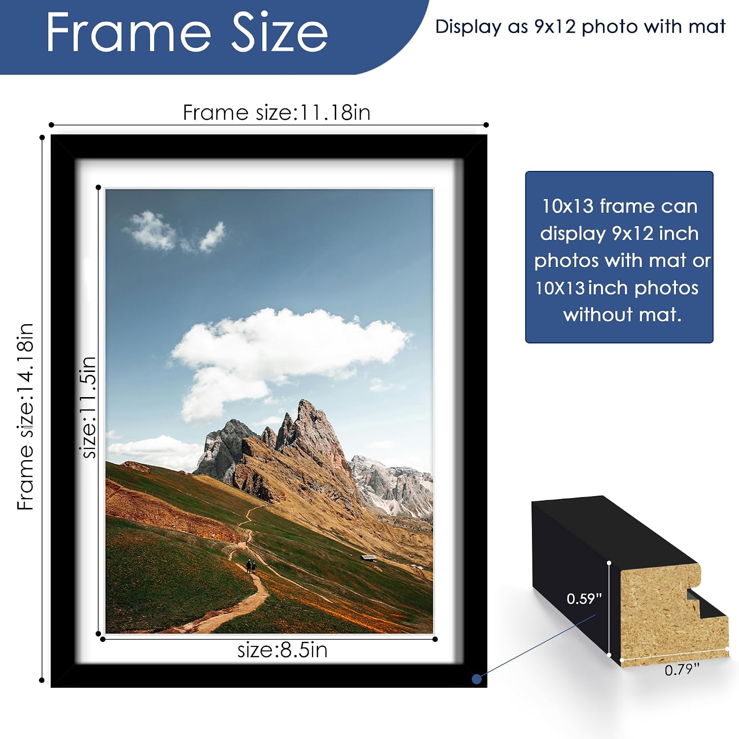 10x13 Picture Frame Set of 6, Wall or Tabletop Display, Black | Display Pictures 9x12 with Mat or 10x13 Without Mat