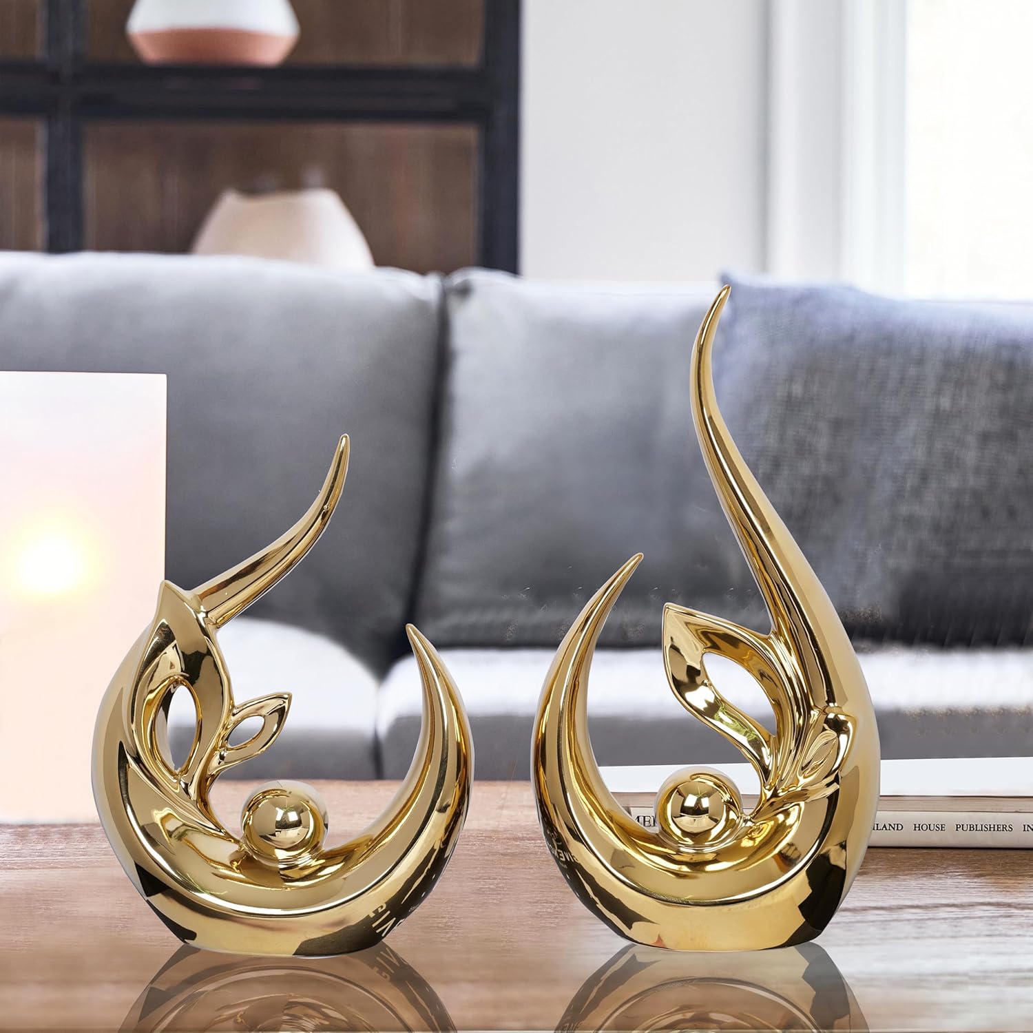 Home Decor Accent Ceramic Statue Abstract Sculptures Centerpieces Mid Century / Gold / Set of 2