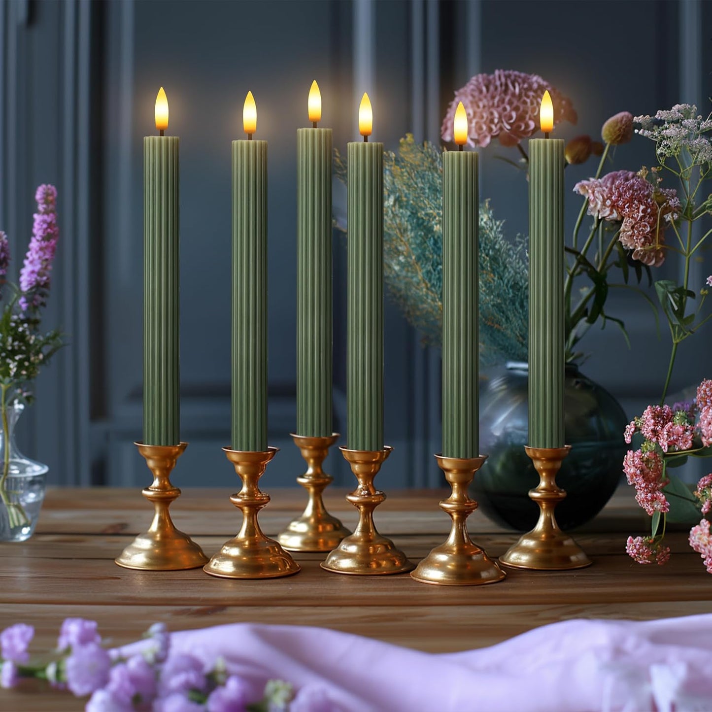 10" Fluted Ribbed LED Sage Olive Loden Green Grooved Real Wax Taper Candles, Remote & 24h Timer Memory, On/Off Switch