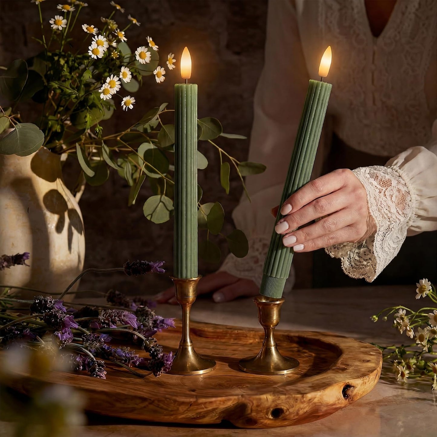 10" Fluted Ribbed LED Sage Olive Loden Green Grooved Real Wax Taper Candles, Remote & 24h Timer Memory, On/Off Switch