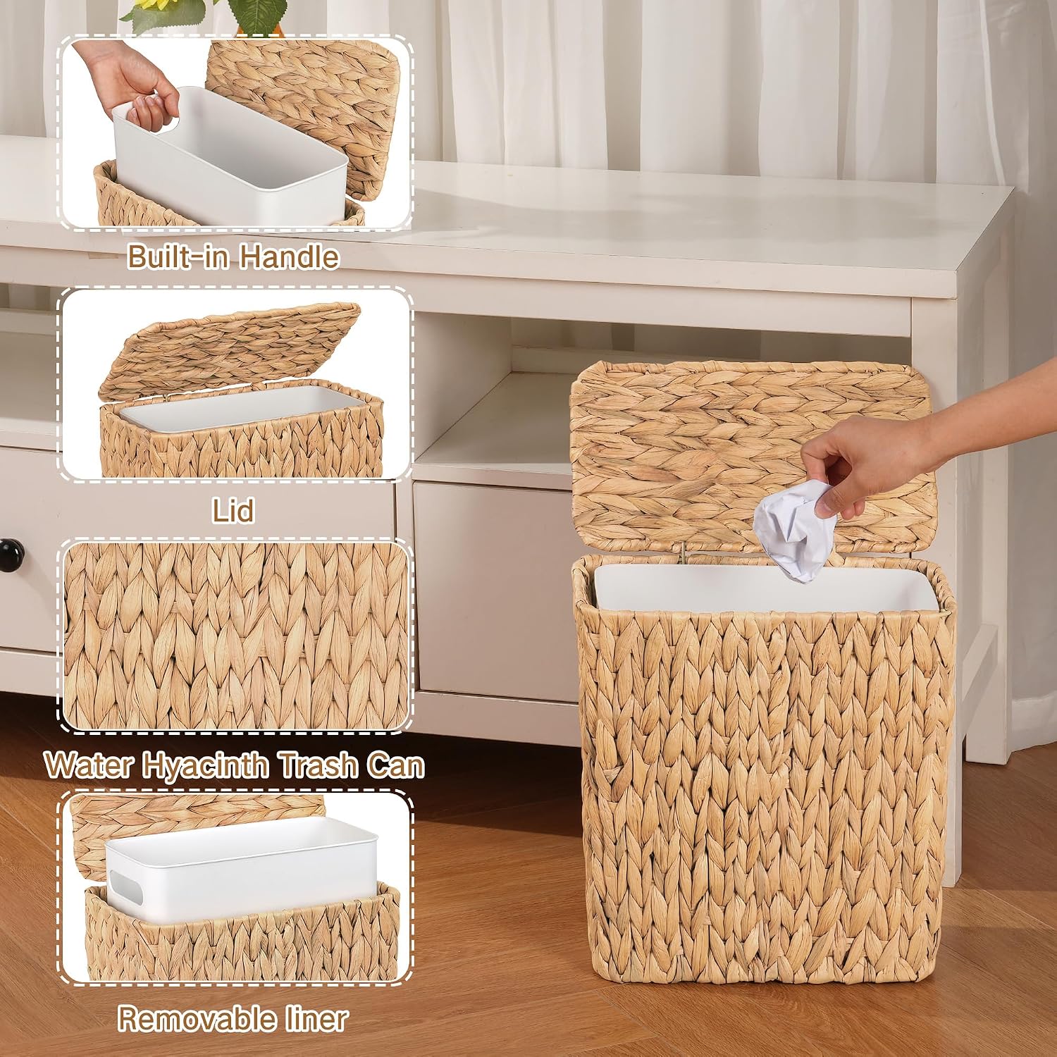 3 Gallon Natural Water Hyacinth Waste Basket / Brown / Square