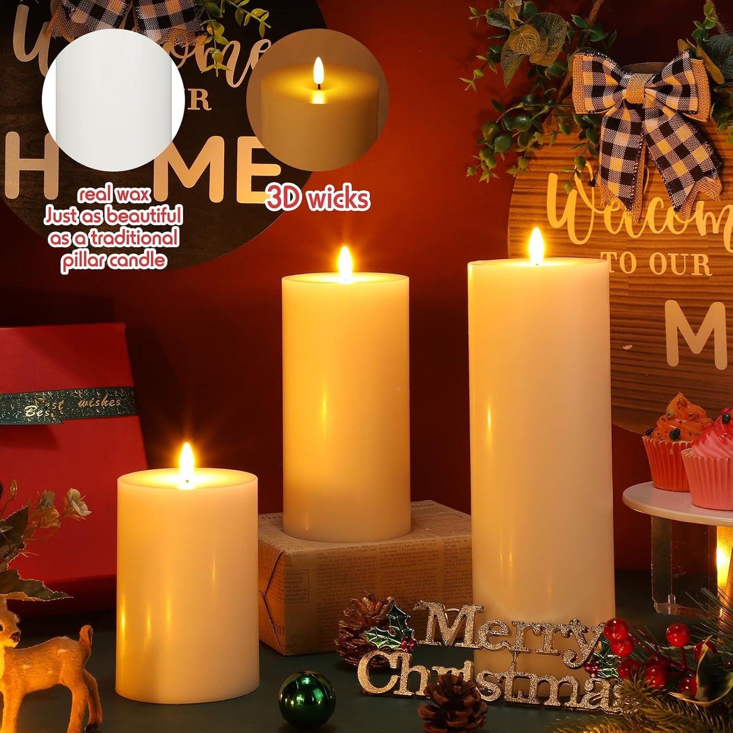 3 Pcs White 6/8/12 Icnhes Flameless LED Candles with Remote and 2/4/8h Timer Battery Operated Wax Flickering Candles