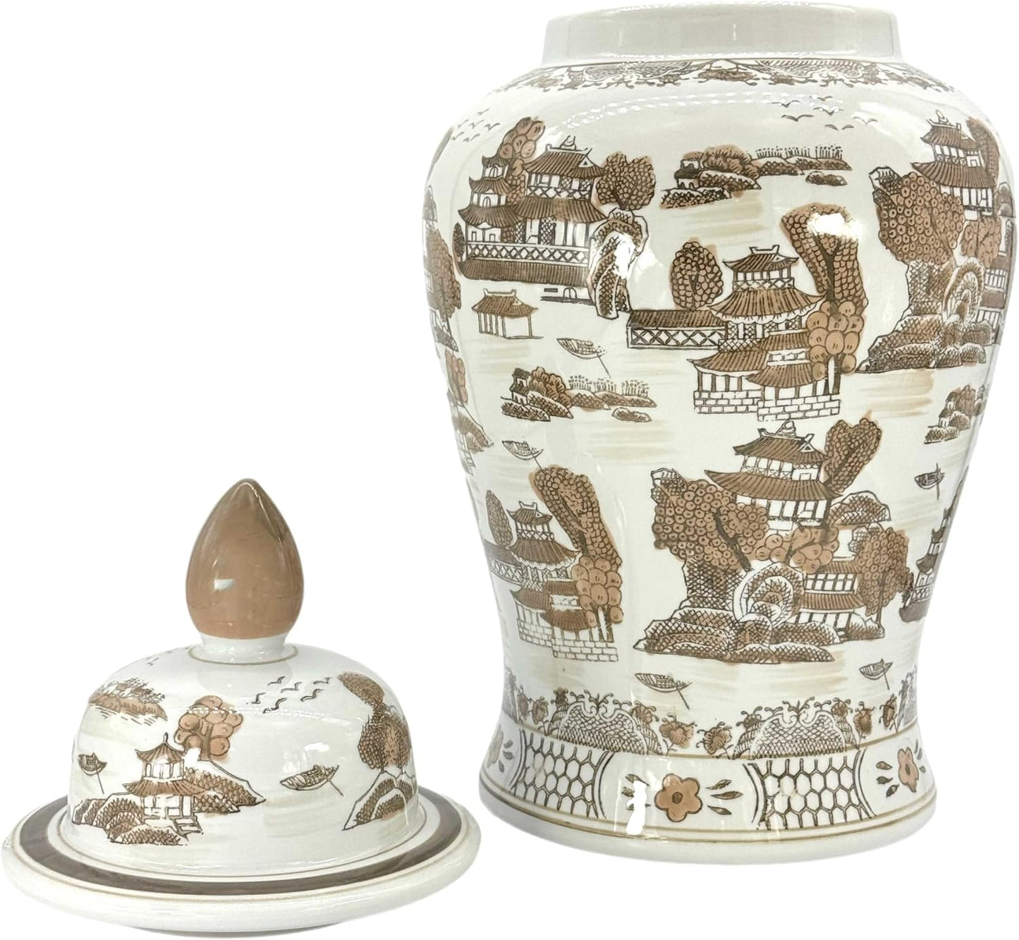 Large 25" Brown & White Landscape Chinoiserie Ceramic Temple Jar w/Lid / Brown & White Landscape