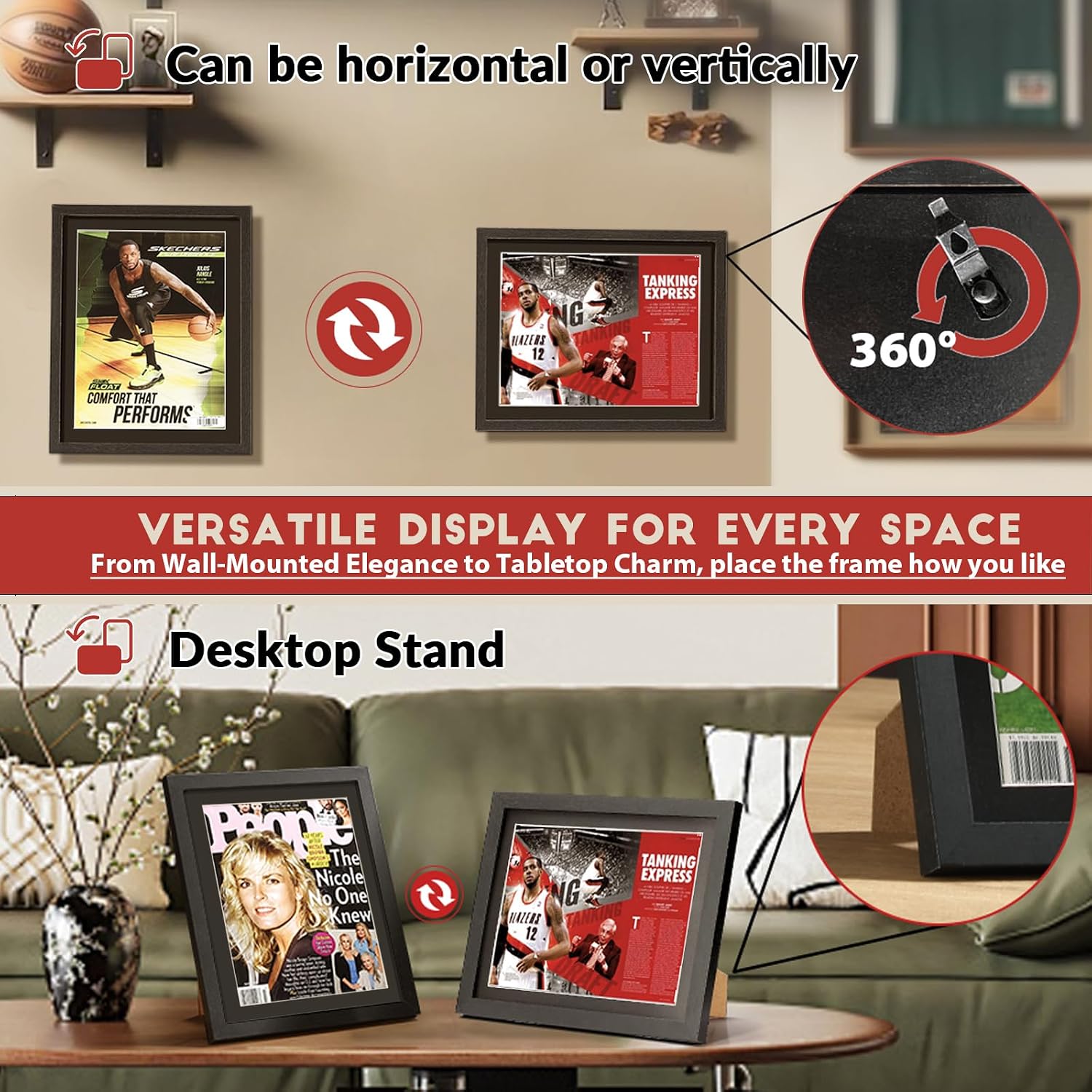 Sports Magazine Frame 4 Pack, Premium Wood Display Case for 8" x 10.5" Magazines, Wall Mount or Tabletop Stand, Layered