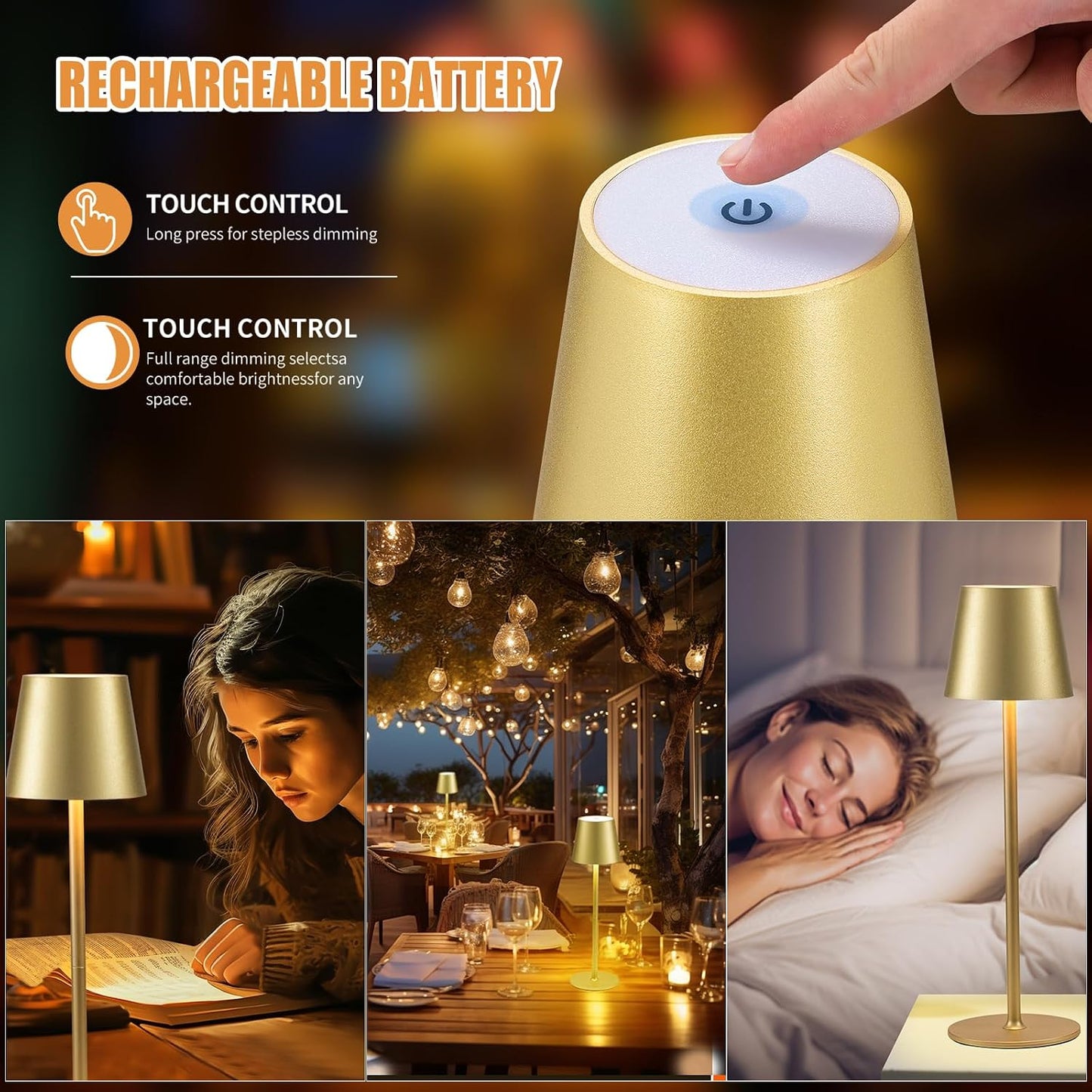 BGFHome 2 Pack Cordless Table Lamp LED Desk Lamps, 5000mAh Battery Operated, Rechargeable Touch Night Light, 3 Color