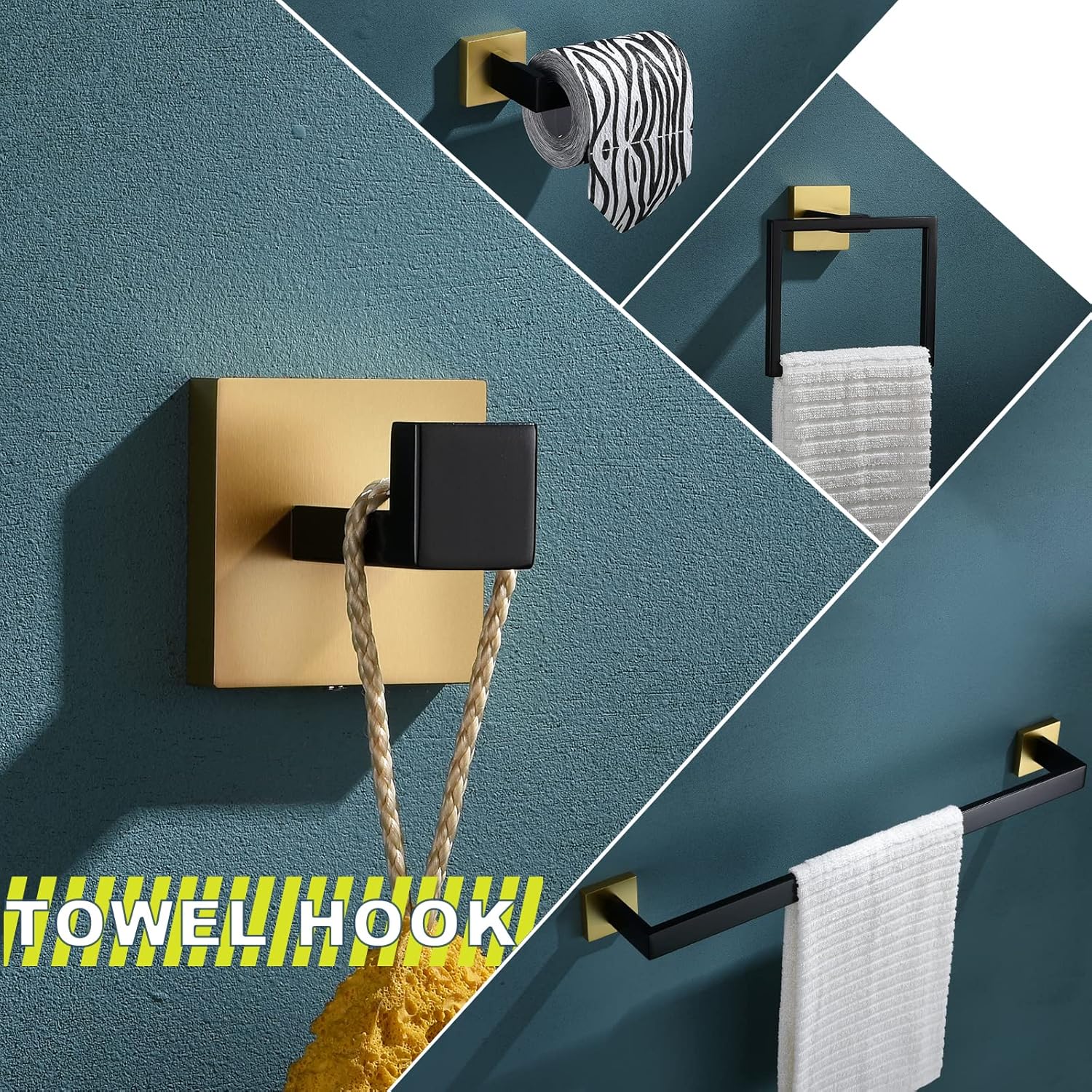 Bathroom Towel Bar Holder Sets Black and Gold 4-Piece Bathroom Hardware Set Stainless Steel Bath Accessories Kit. Wall