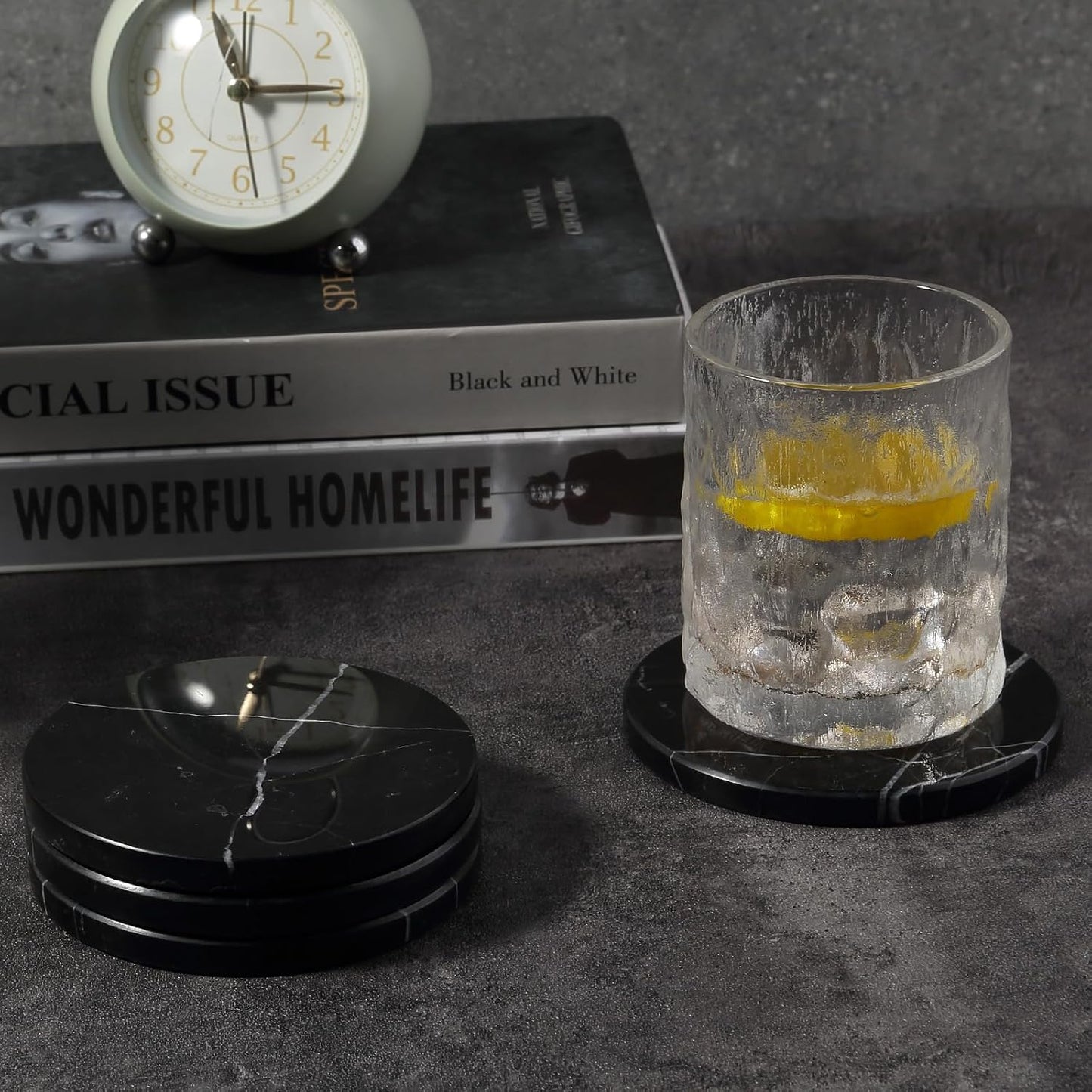 White Marble Coasters for Coffee / Black / Set of 4
