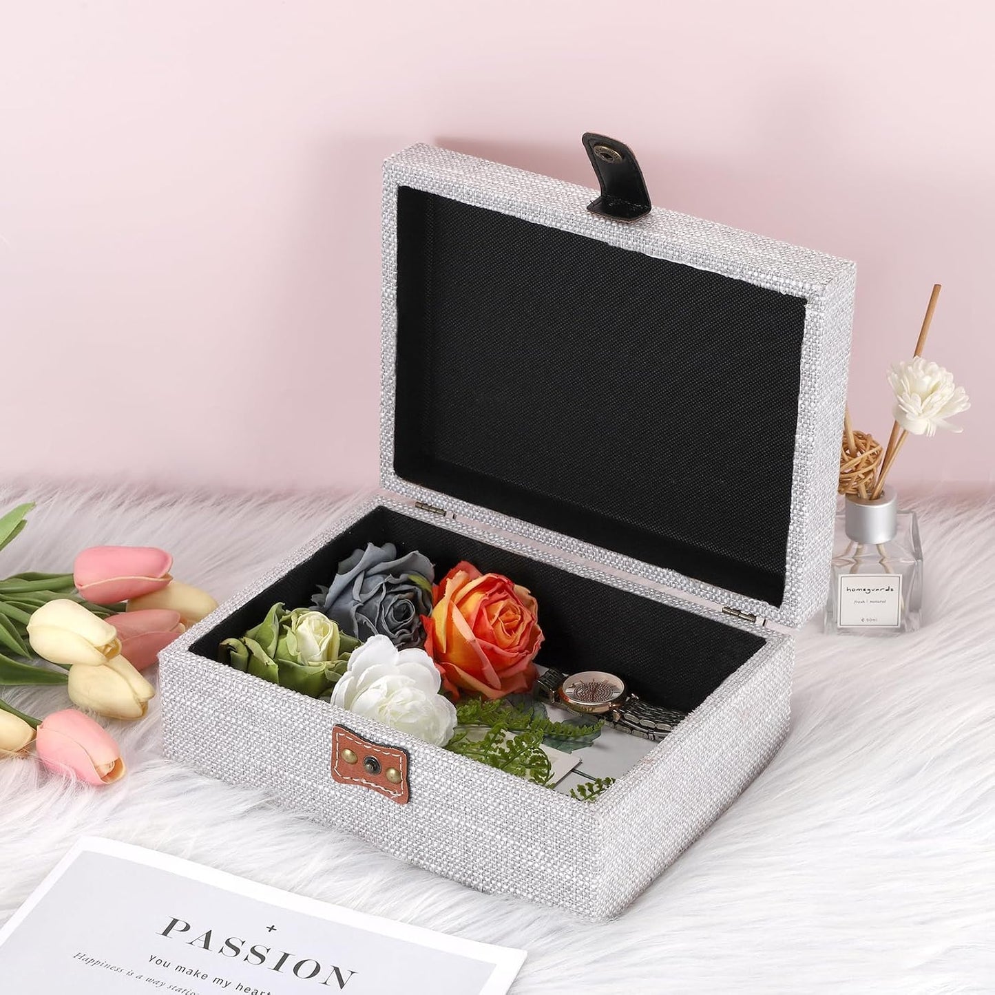 Linen Covered Treasure Chest for Women Gift Photo Organizer / Medium / Gray
