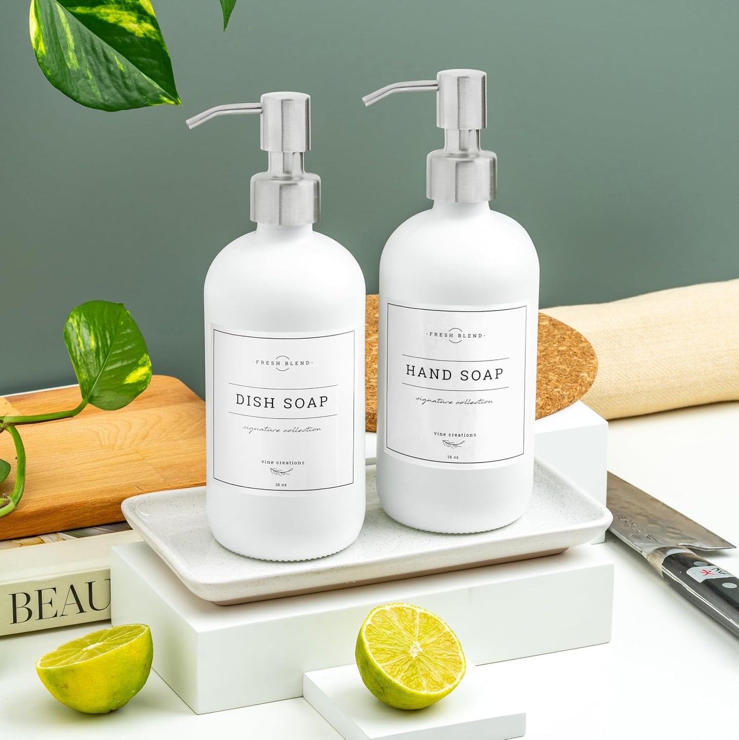 Vine Creations Glass Soap Dispenser, 2 Pack Kitchen Soap Dispenser Set with Ceramic Tray, Stainless Steel Pump, Dish