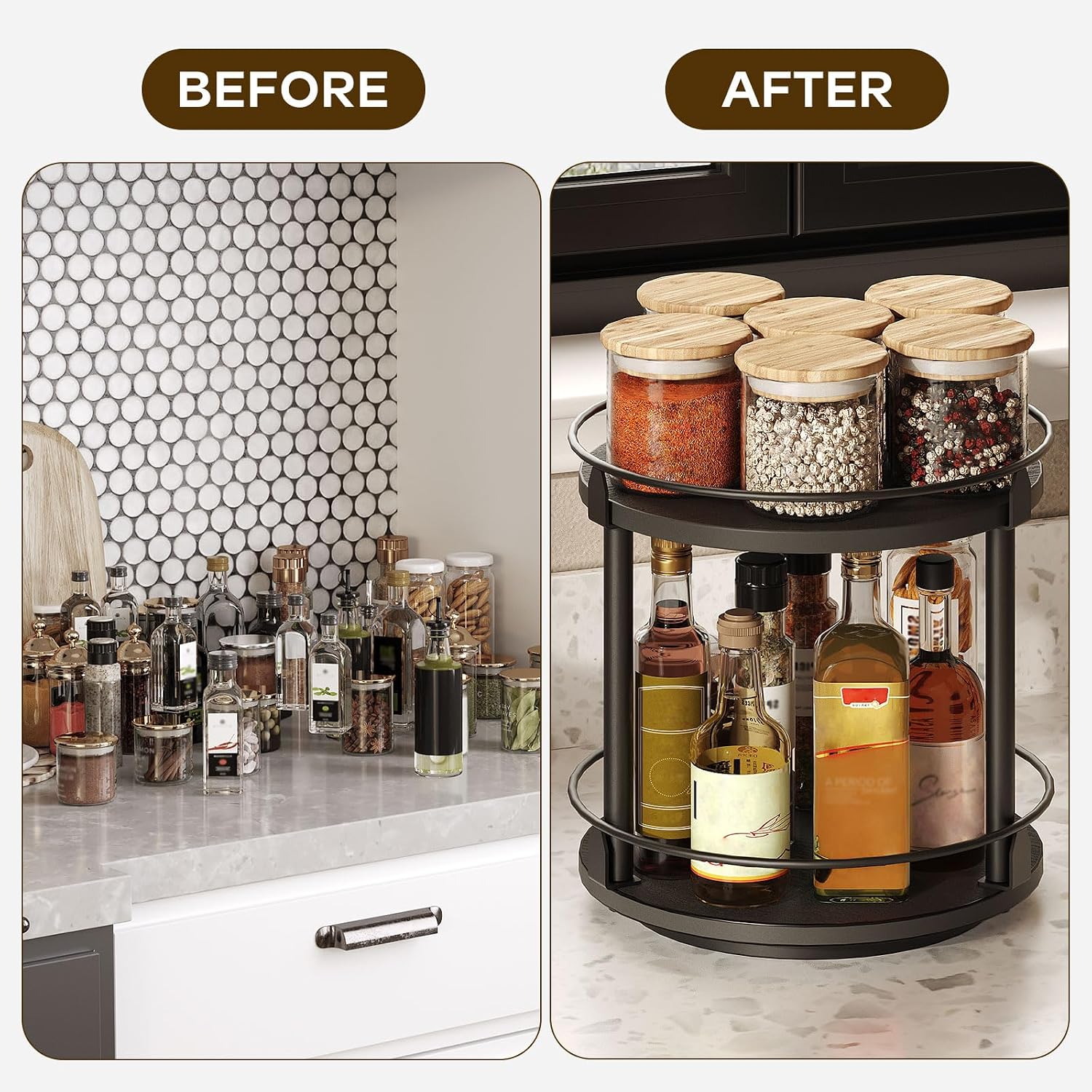 Lazy Susan Organizer, Rotating Spice Rack, 2 Tier Spice Turntable Organizer, Industrial Turntable Spice Holder, for