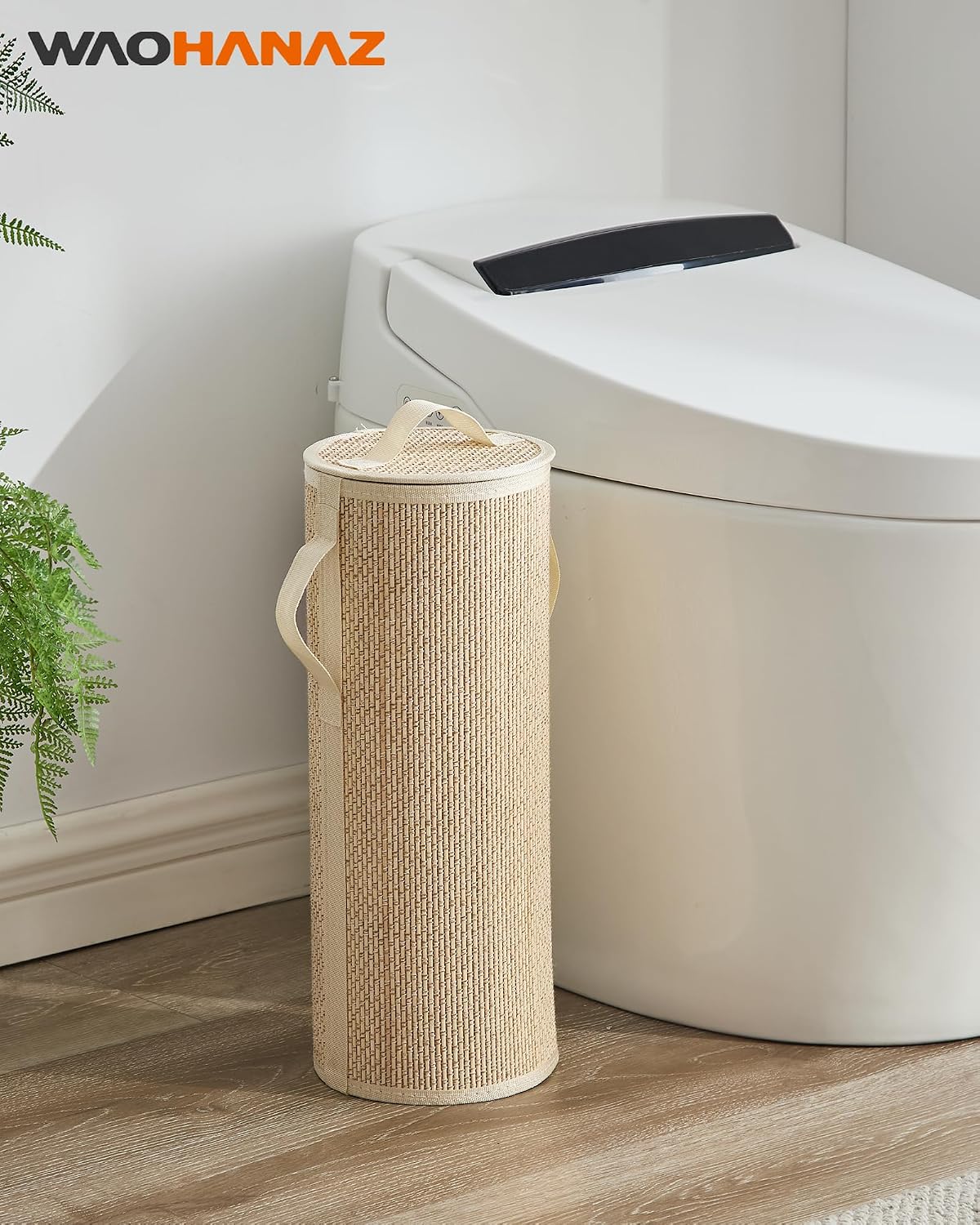 Bamboo Toilet Paper Storage Basket with Lid & Handle - 10L Handwoven Bathroom Organizer for 4 Rolls - Sturdy Stand