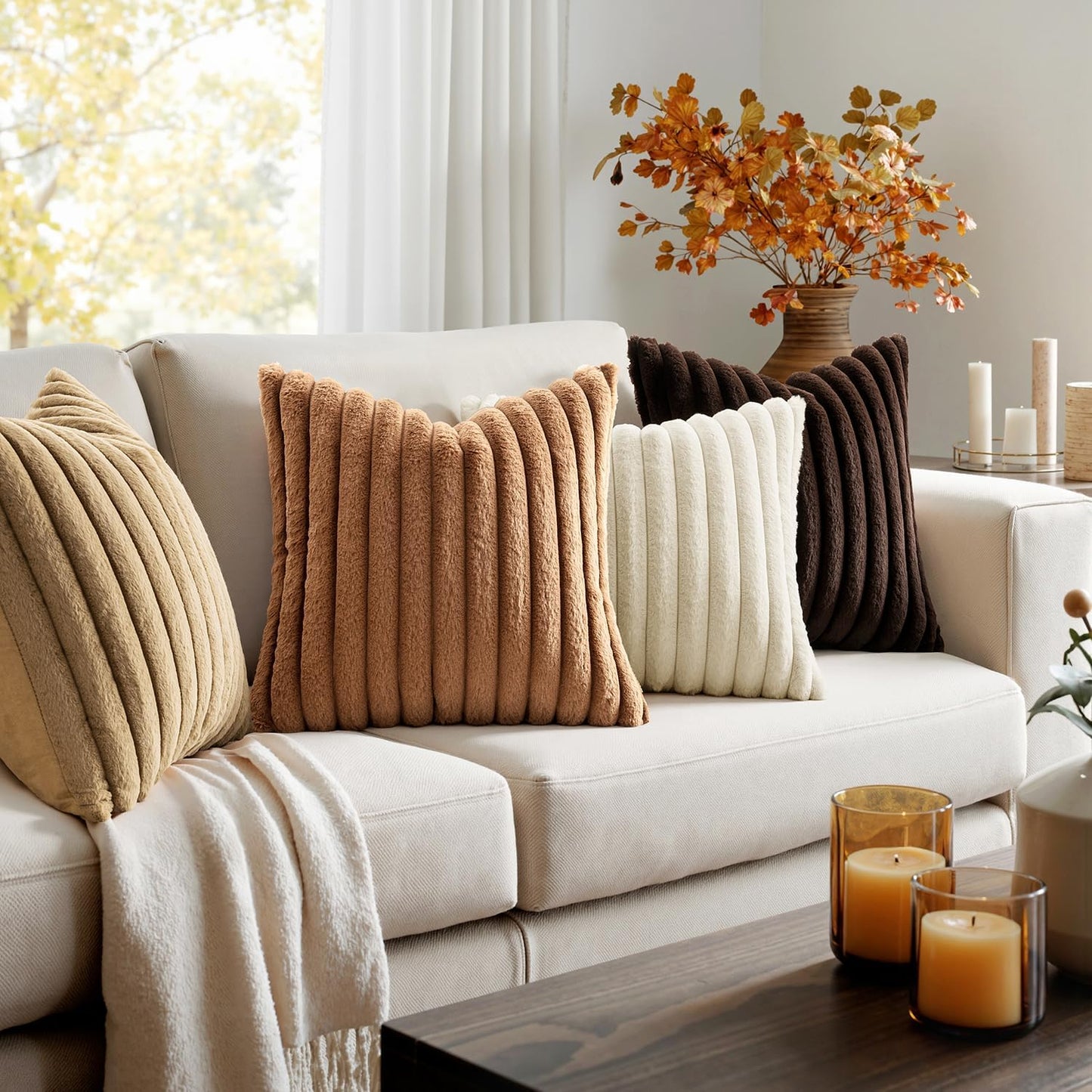 Faux Fur Plush Decorative Throw Pillow Covers / 18 x 18 / Brown / Set of 4