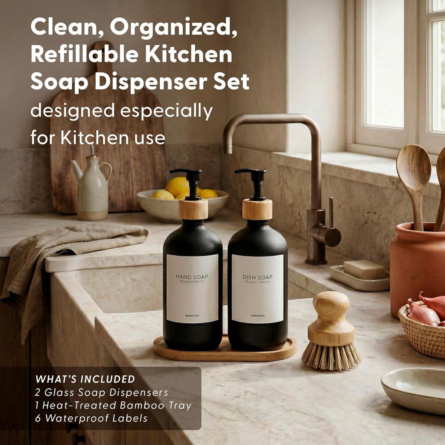 MaisoNovo Glass Dish Soap Dispenser for Kitchen Set of 2-16.9oz Dish and Hand Soap Dispenser Set for Kitchen - Black