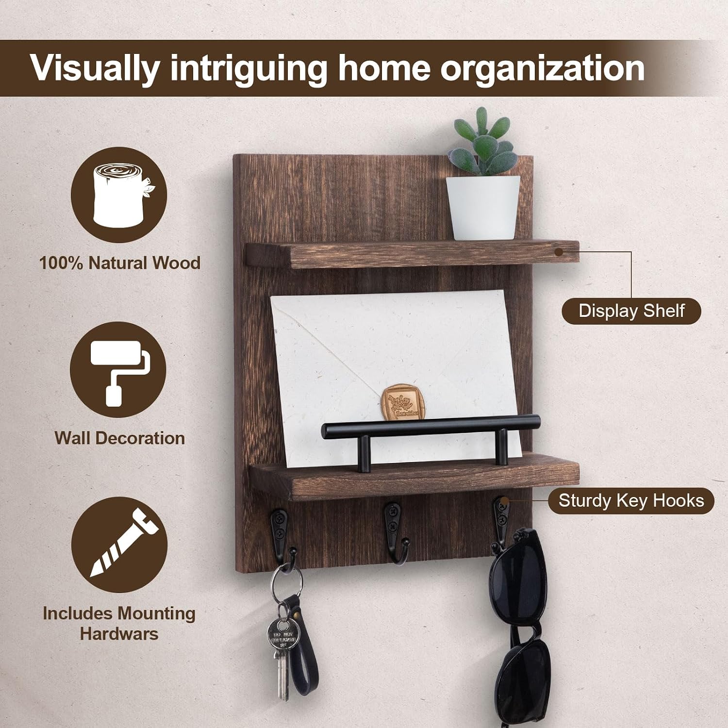 Versatile Wood Wall Organizer for Entryway Hallway 8.2" x / Brown