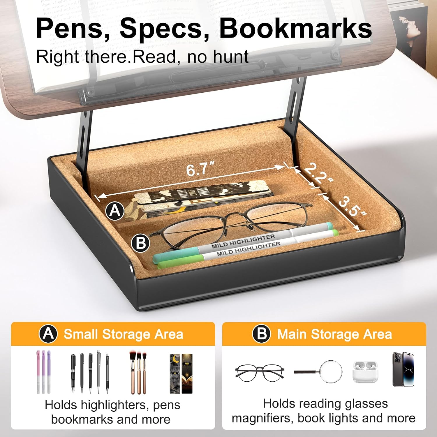 Book Stand with Storage, Book Holder for Reading Hands Free | Wooden Cookbook Stand for Kitchen Counter, Adjustable
