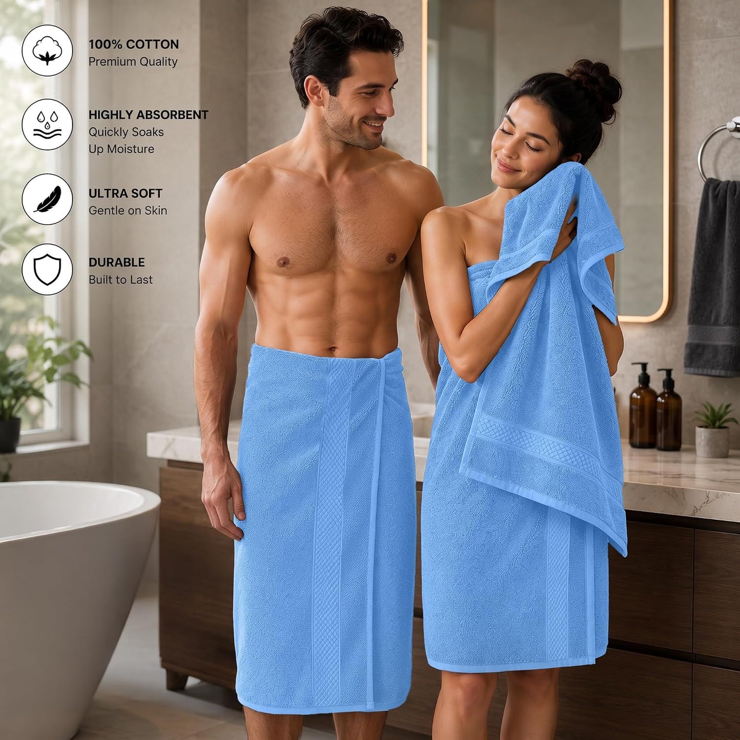 DAN RIVER 600 GSM Cotton Large Bath Towels Set of 4, 27 x 54 Inches, M-Blue | Larger & Lighter Weight Towels for