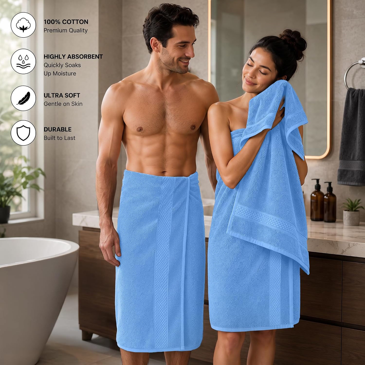 DAN RIVER 600 GSM Cotton Large Bath Towels Set of 4, 27 x 54 Inches, M-Blue | Larger & Lighter Weight Towels for