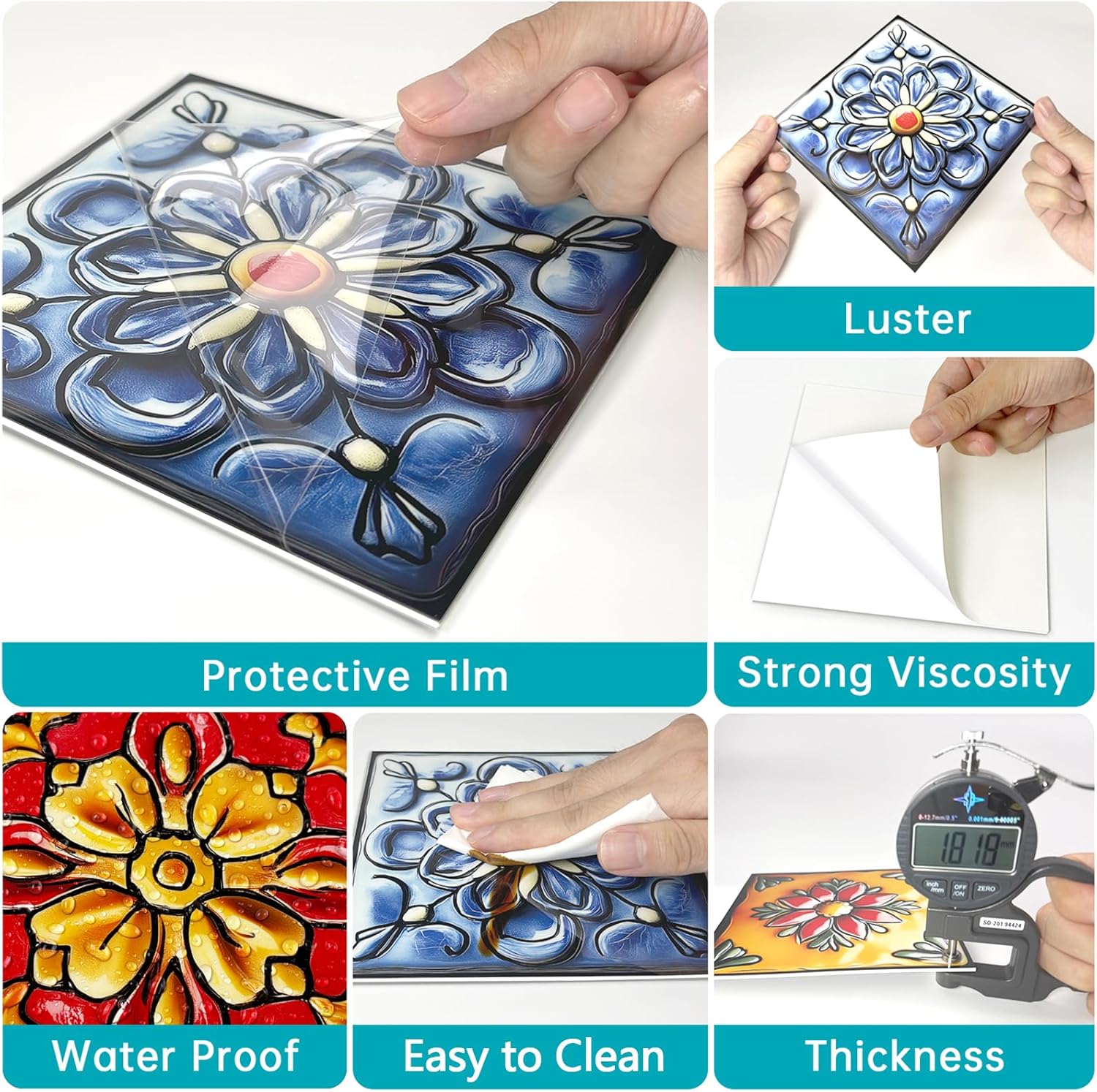 Removable Decals / Peel and Stick Backsplash Tiles / Art-04 / 5.9 x 5.9 / Set of 12