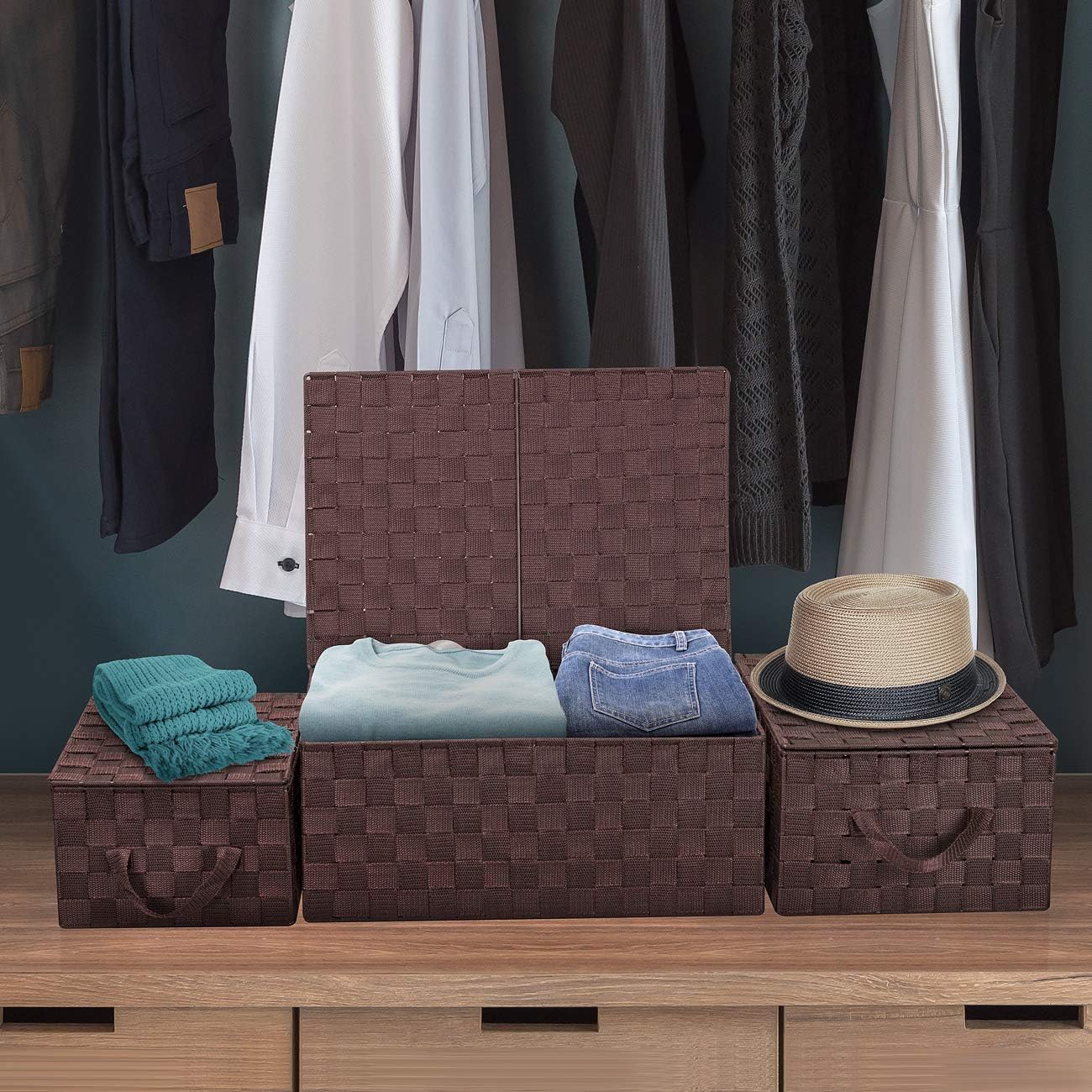 Linen Closet Organizers and Storage / Woven Lid Baskets - Chocolate / Set of 3