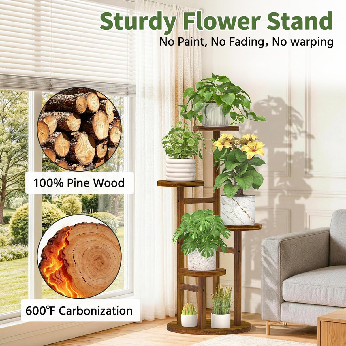 LASZOLA Wood Small Plant Stand Table Tall for Indoor Corner, 4 Tier Brown | Flower Pot Holder Rack for Multiple Plants