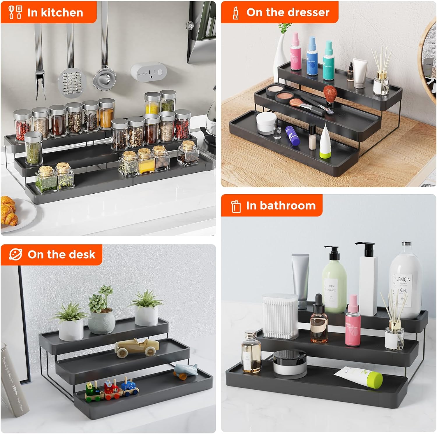 2 Pack Expandable Spice Rack Organizer for Cabinet - 3 Tier Adjustable Cabinet Spice Organizer Easy Visibility - Spice