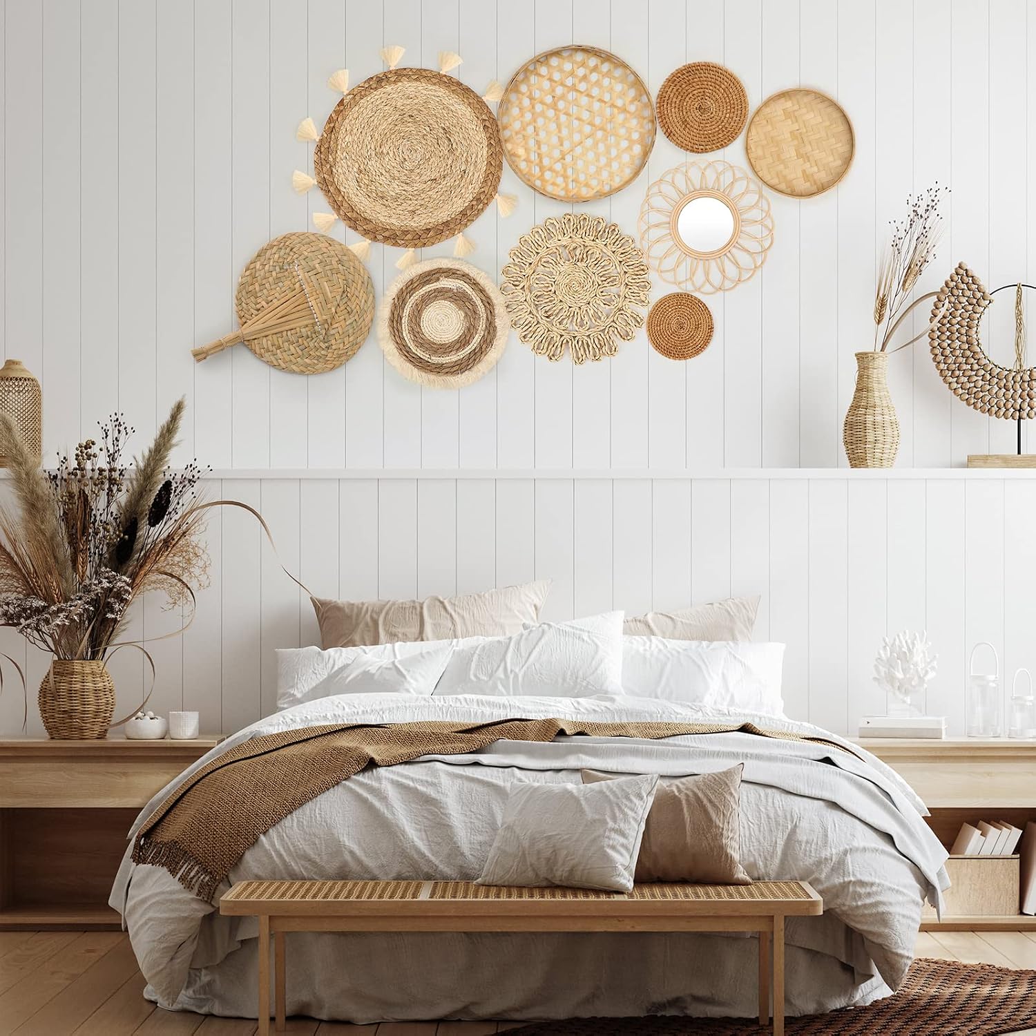 Boho Wall Basket Decor Woven Wicker Wall Baskets Hanging Round Rattan Basket Art Flat / Set of 9