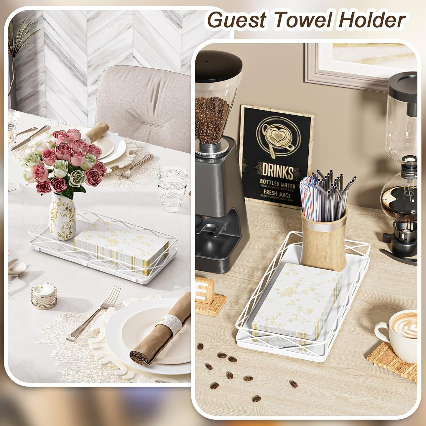 Wood and Metal Toilet Tray Vanity Organizer Bathroom Tray / White