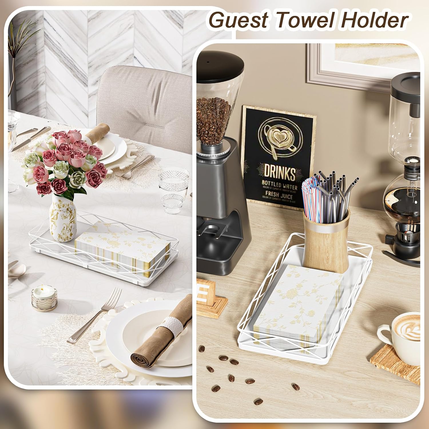 Wood and Metal Toilet Tray Vanity Organizer Bathroom Tray / White