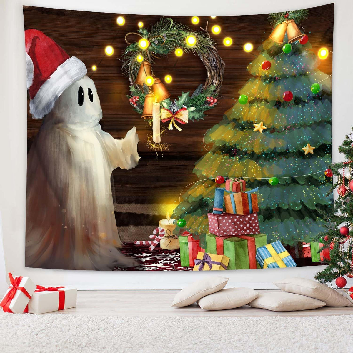 QGHOT Christmas Tapestry Wall Hanging Christmas Tree Backdrop Cute Ghost Wall Decor Xmas Holiday Tapestries for Kids Bedroom Living Room Dorm Party Decoration