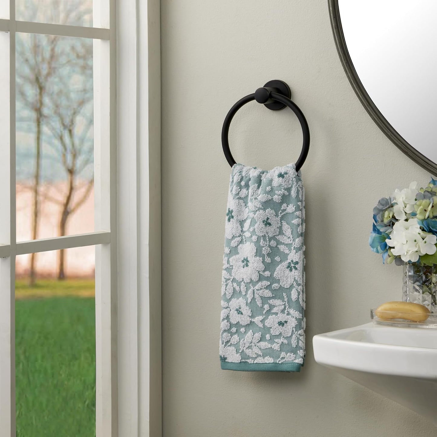SKL Home Floral Hand Towel Set-2pc, 100% Cotton Jacquard, Moss Green | Soft, absorbent & reversible. Great for use in