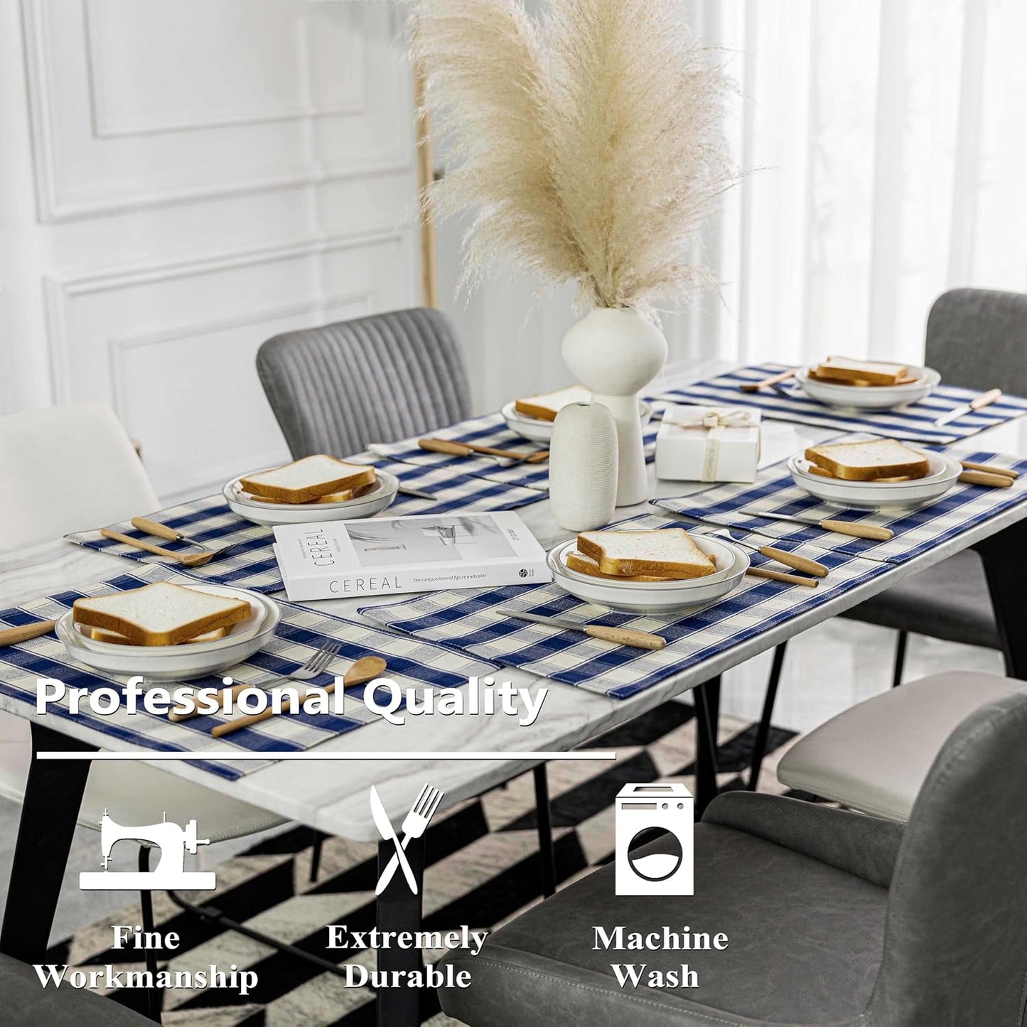 Home Brilliant Farmhouse Placemats Set of 6 Machine Washable Place Mats for Kitchen Table Mats, 13 x 19 inches, Checker
