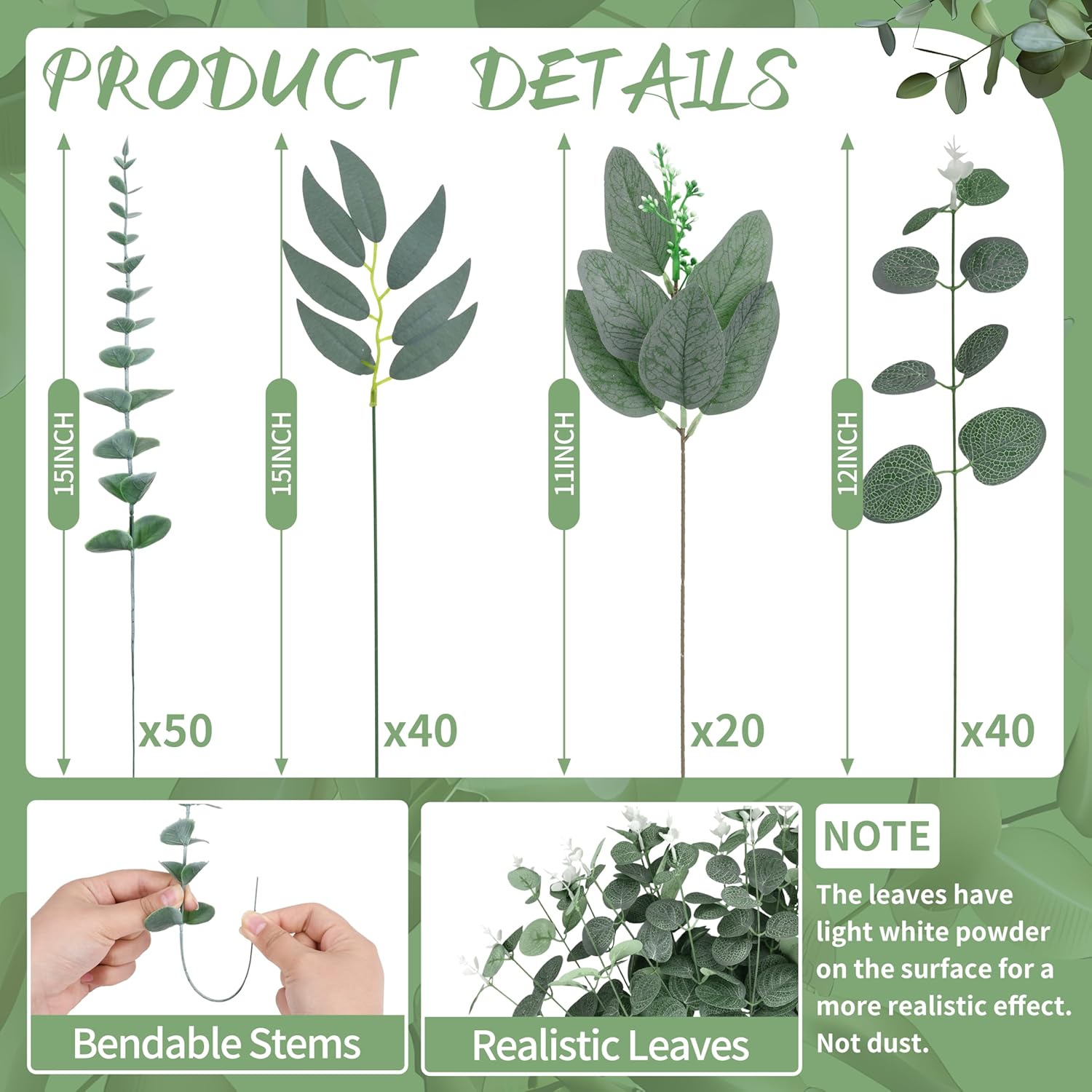 4 Kinds Mixed Artificial Eucalyptus Leaves Stems Bulk Fake Dollar Eucalyptus / Silver / Set of 150