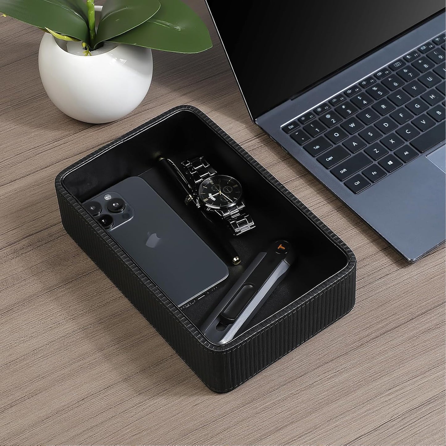 PU Leather Valet Tray Organizer / Black / 9.5 x 5.9 x 2.2