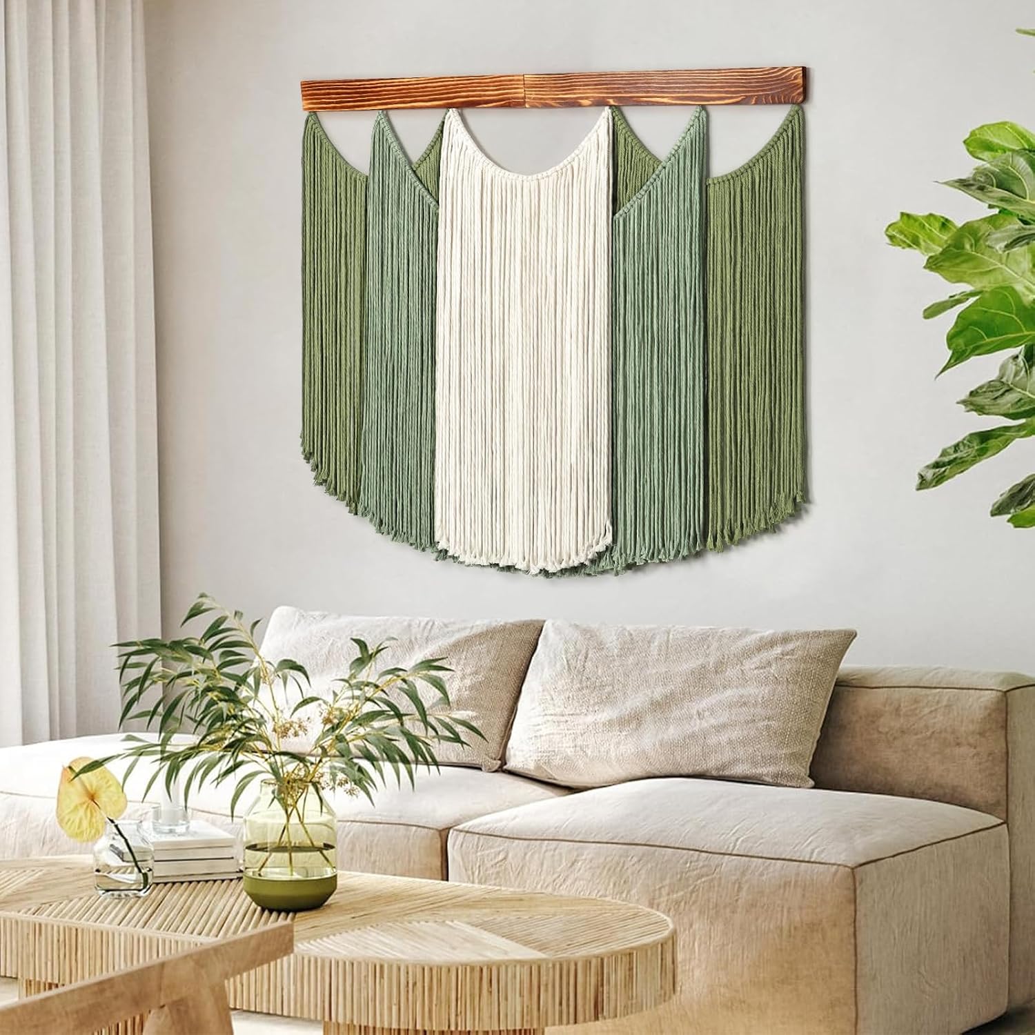 Macrame Wall Hanging Dip-Dyed Large Boho Wall Decor Yarn Tapestry Handmade Sage Woven / Green
